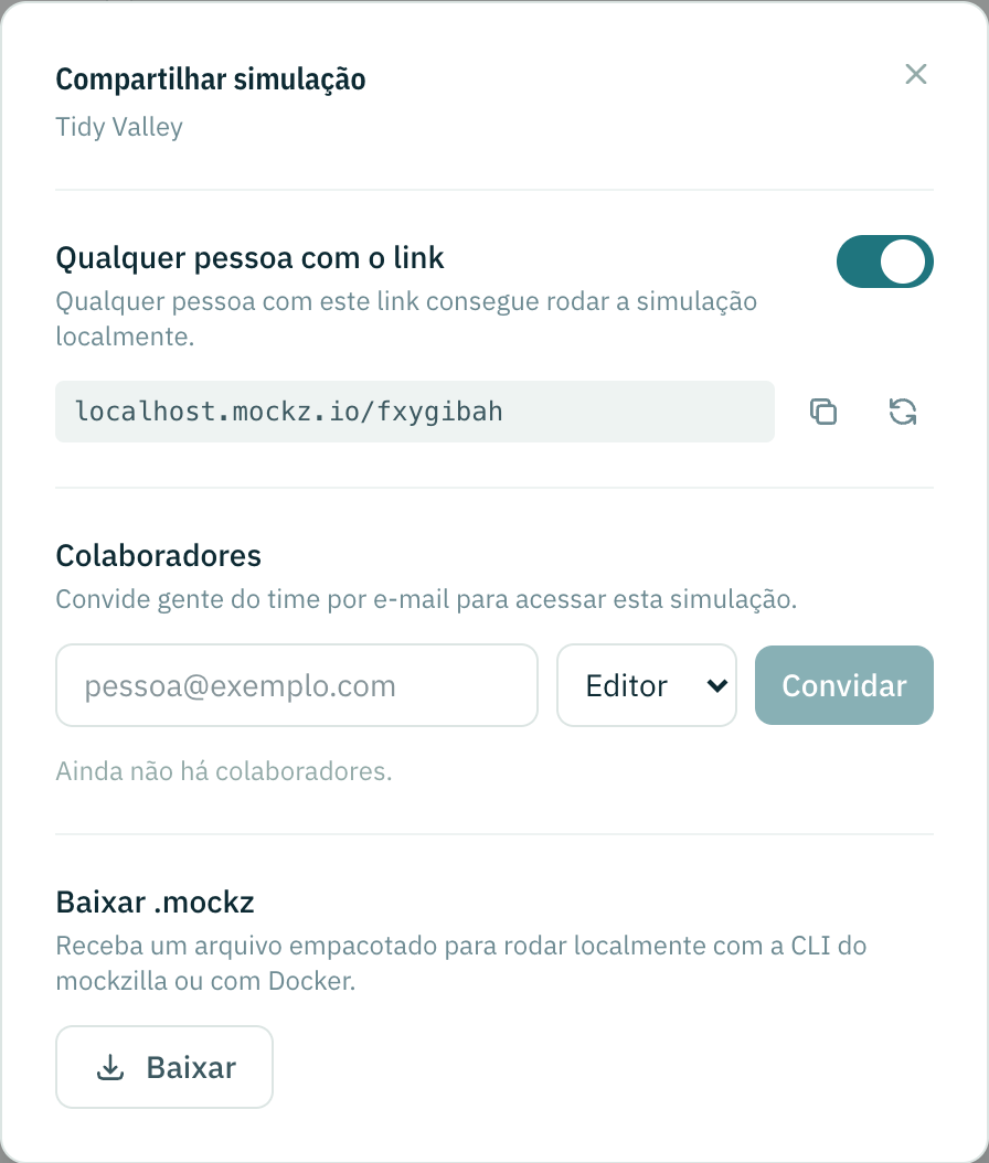 O diálogo Compartilhar simulação com o link ligado, os colaboradores e o download do .mockz