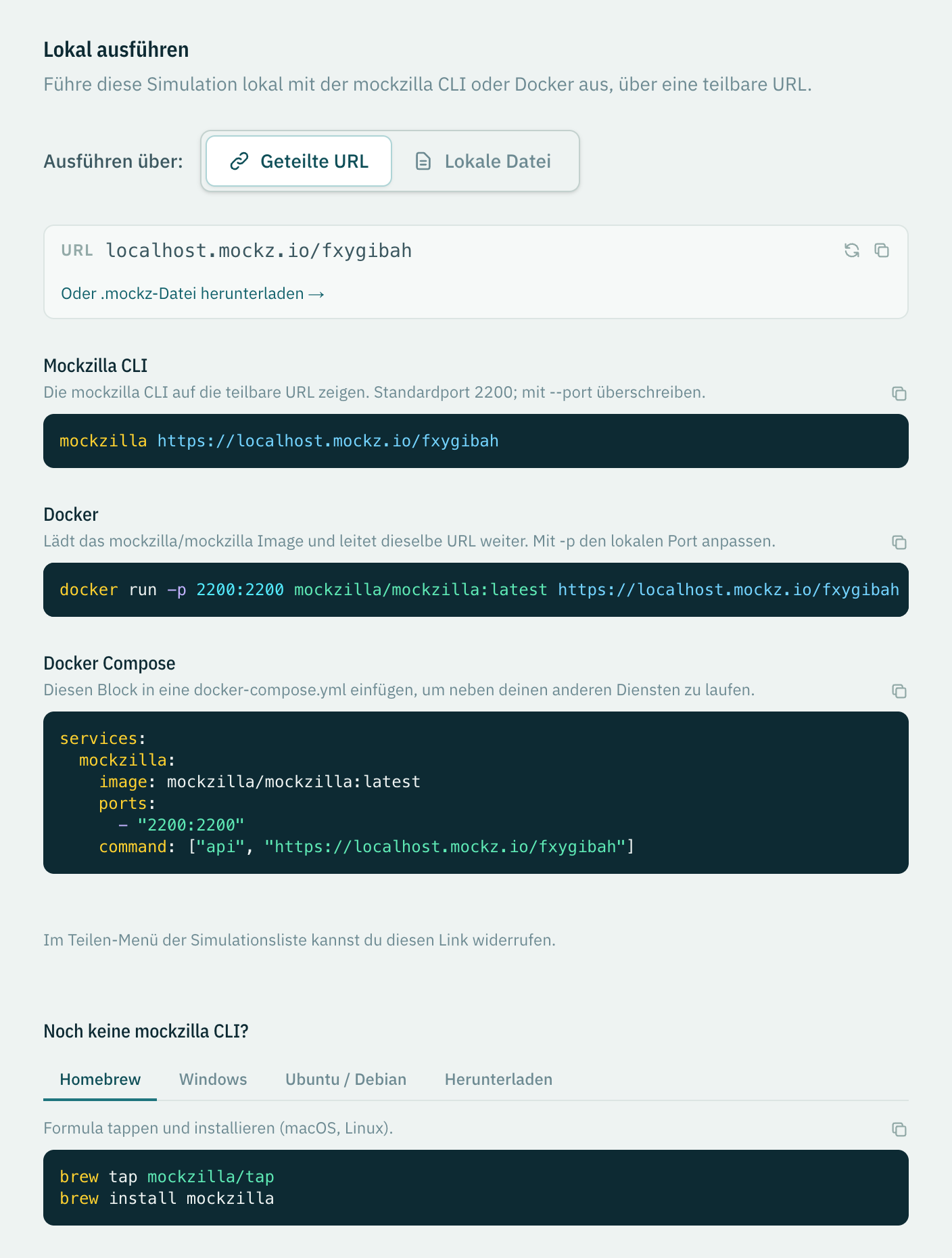 Die Ansicht Lokal ausführen mit CLI-, Docker- und Docker-Compose-Befehlen für eine geteilte URL