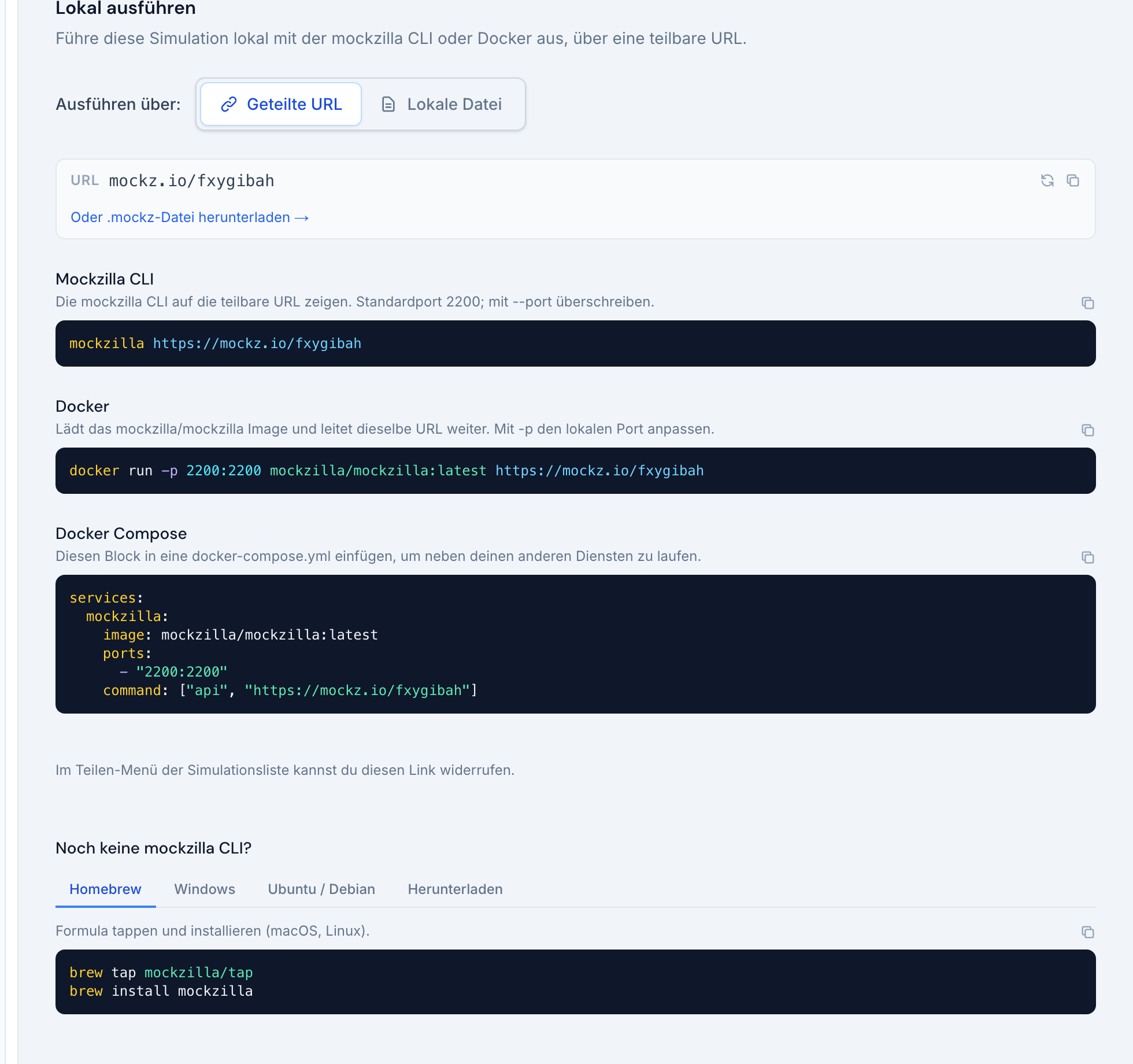 Die Ansicht Lokal ausführen mit CLI-, Docker- und Docker-Compose-Befehlen für eine geteilte URL