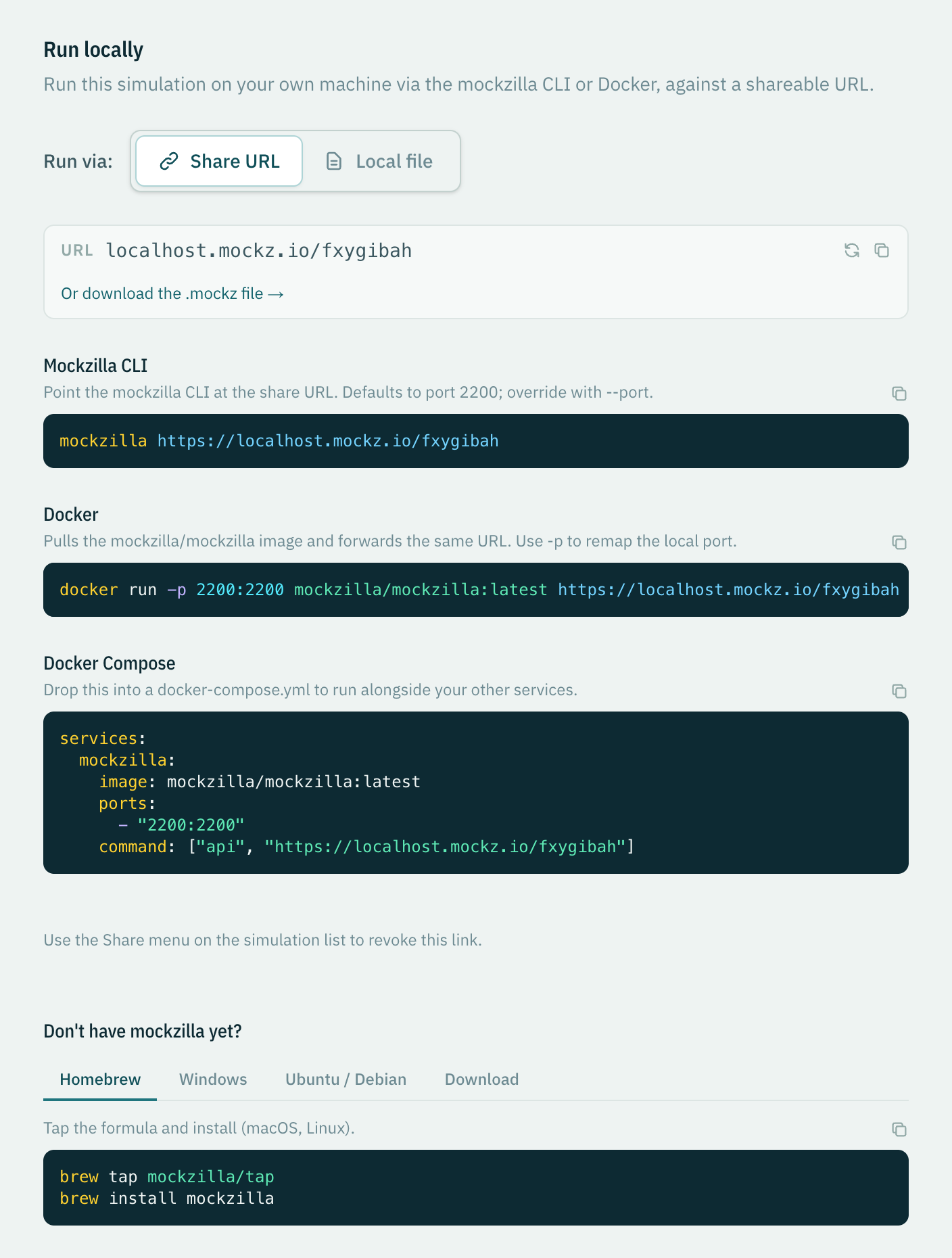 The Run locally view with CLI, Docker and Docker Compose commands for a share URL