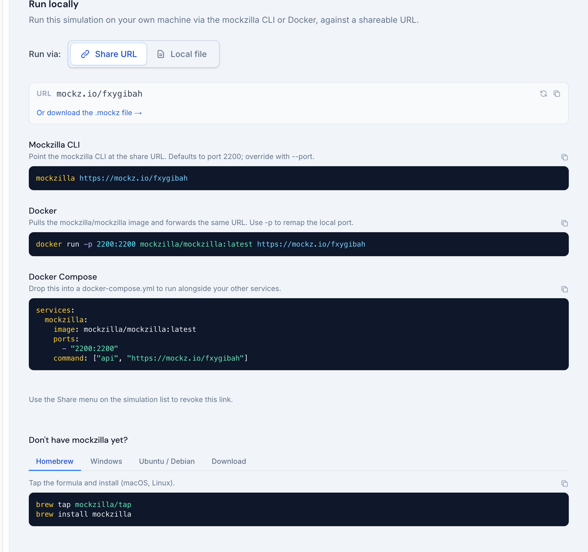 The Run locally view with CLI, Docker and Docker Compose commands for a share URL