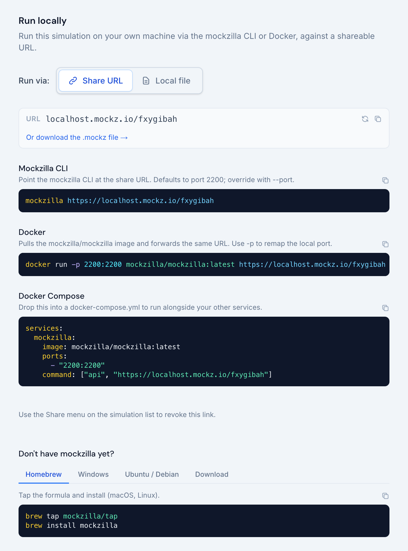 The Run locally view with CLI, Docker and Docker Compose commands for a share URL