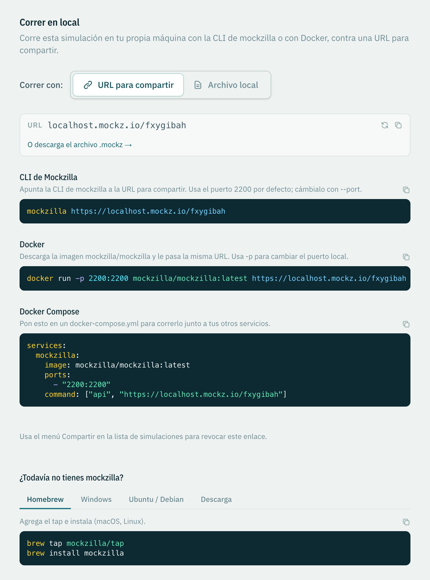 La vista Correr en local con los comandos de CLI, Docker y Docker Compose para una URL para compartir