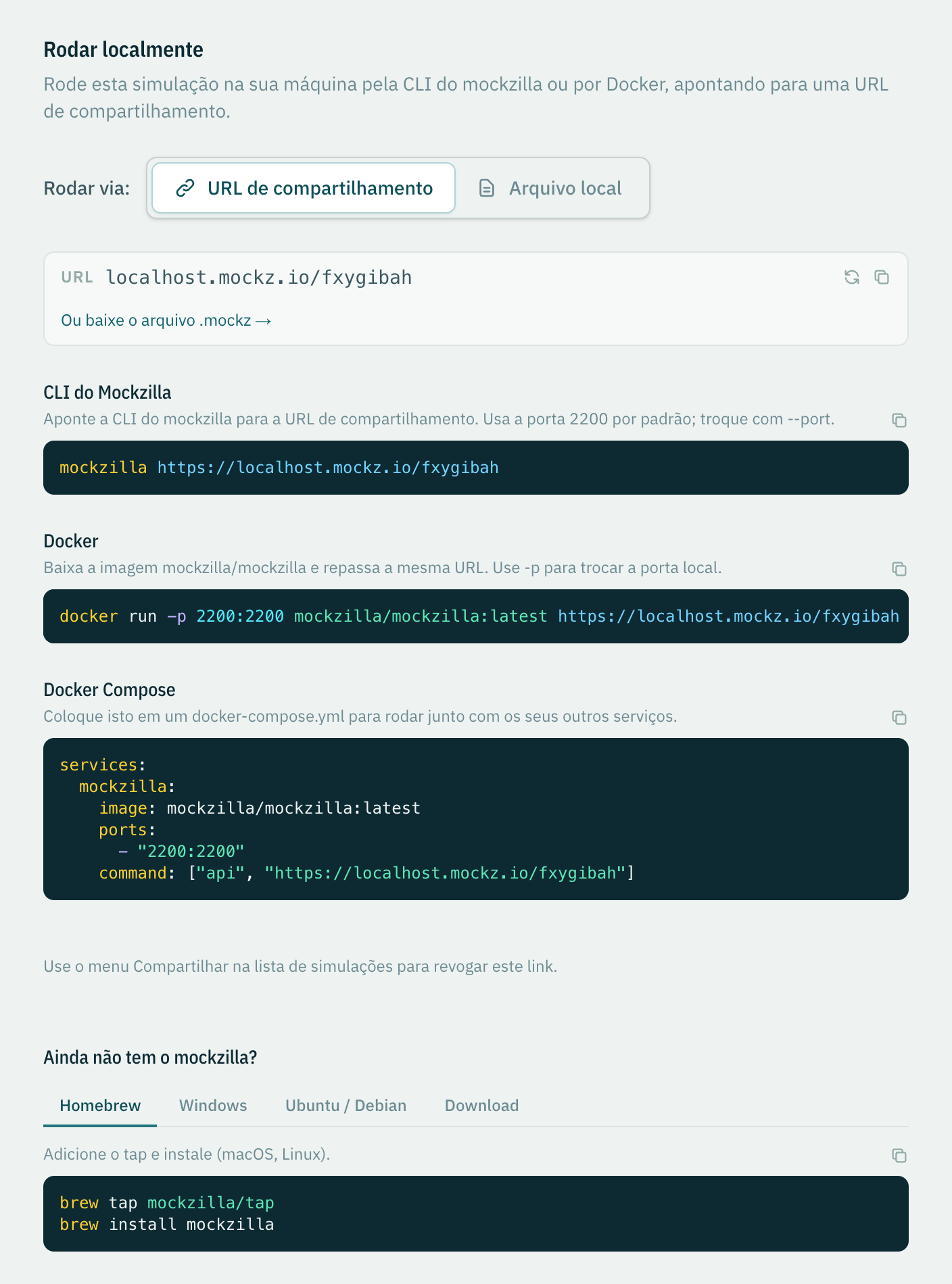 A visão Rodar localmente com os comandos de CLI, Docker e Docker Compose para uma URL de compartilhamento