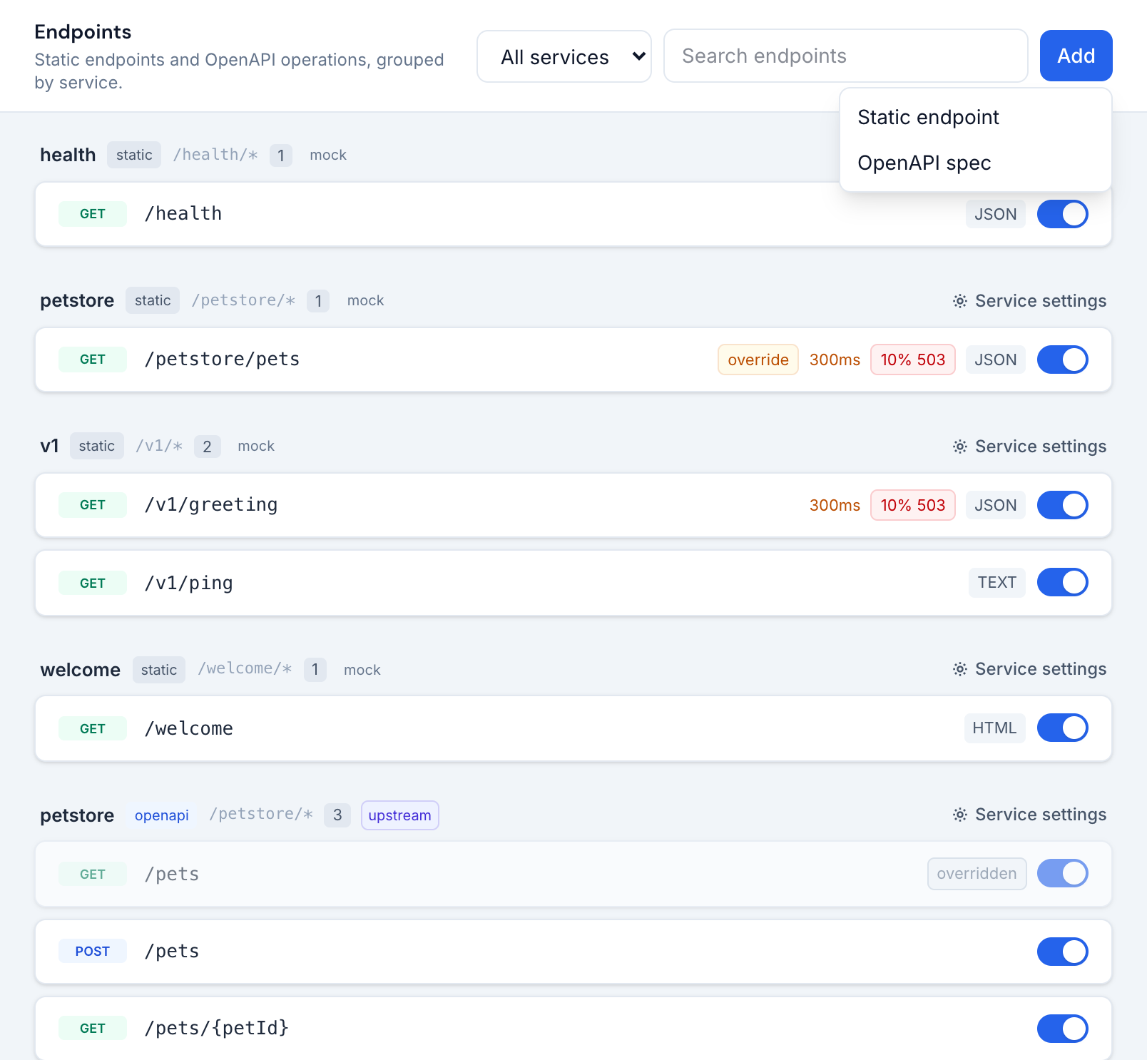 The Add menu on the Endpoints view with Static endpoint and OpenAPI spec entries