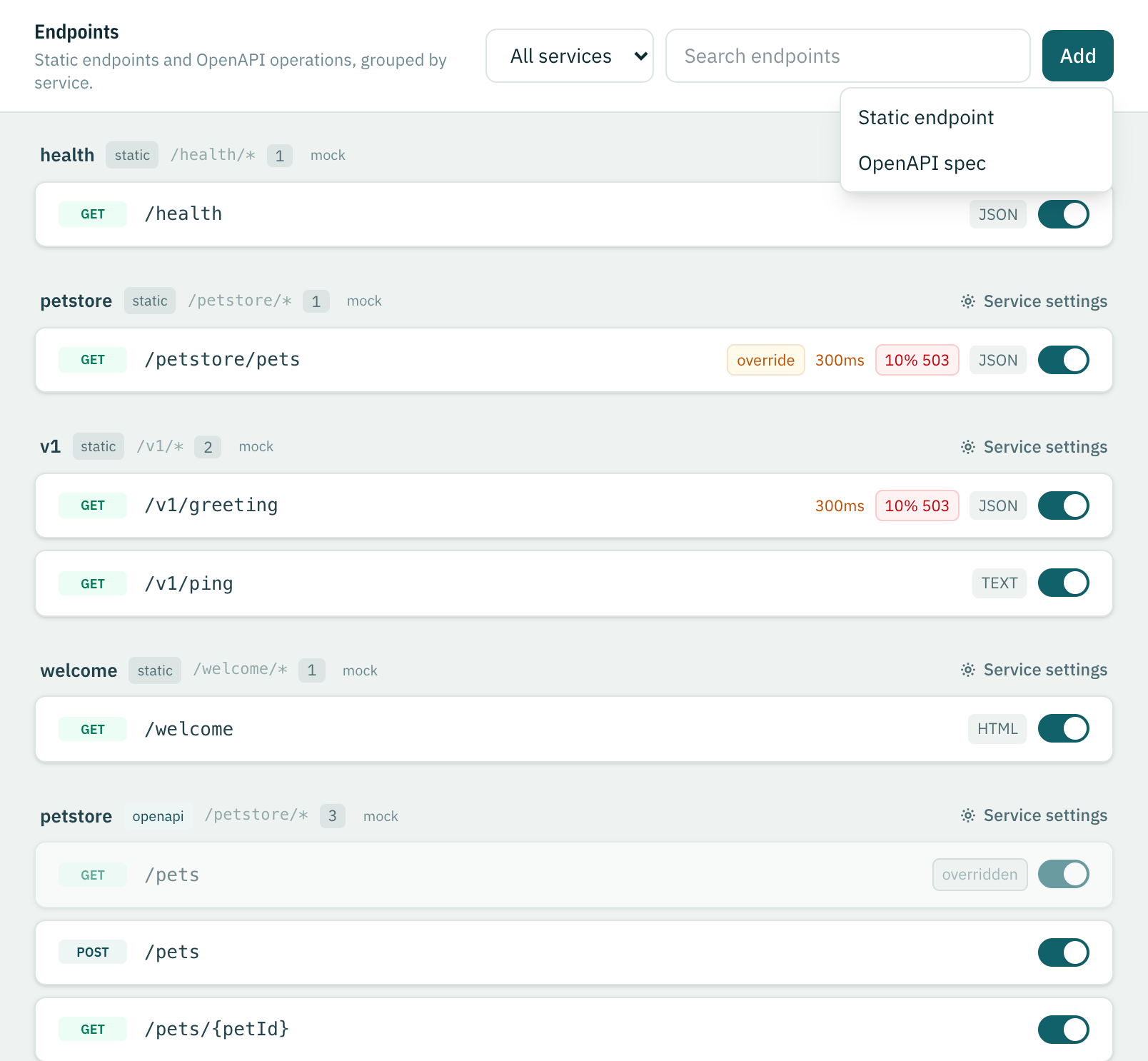 The Add menu on the Endpoints view with Static endpoint and OpenAPI spec entries