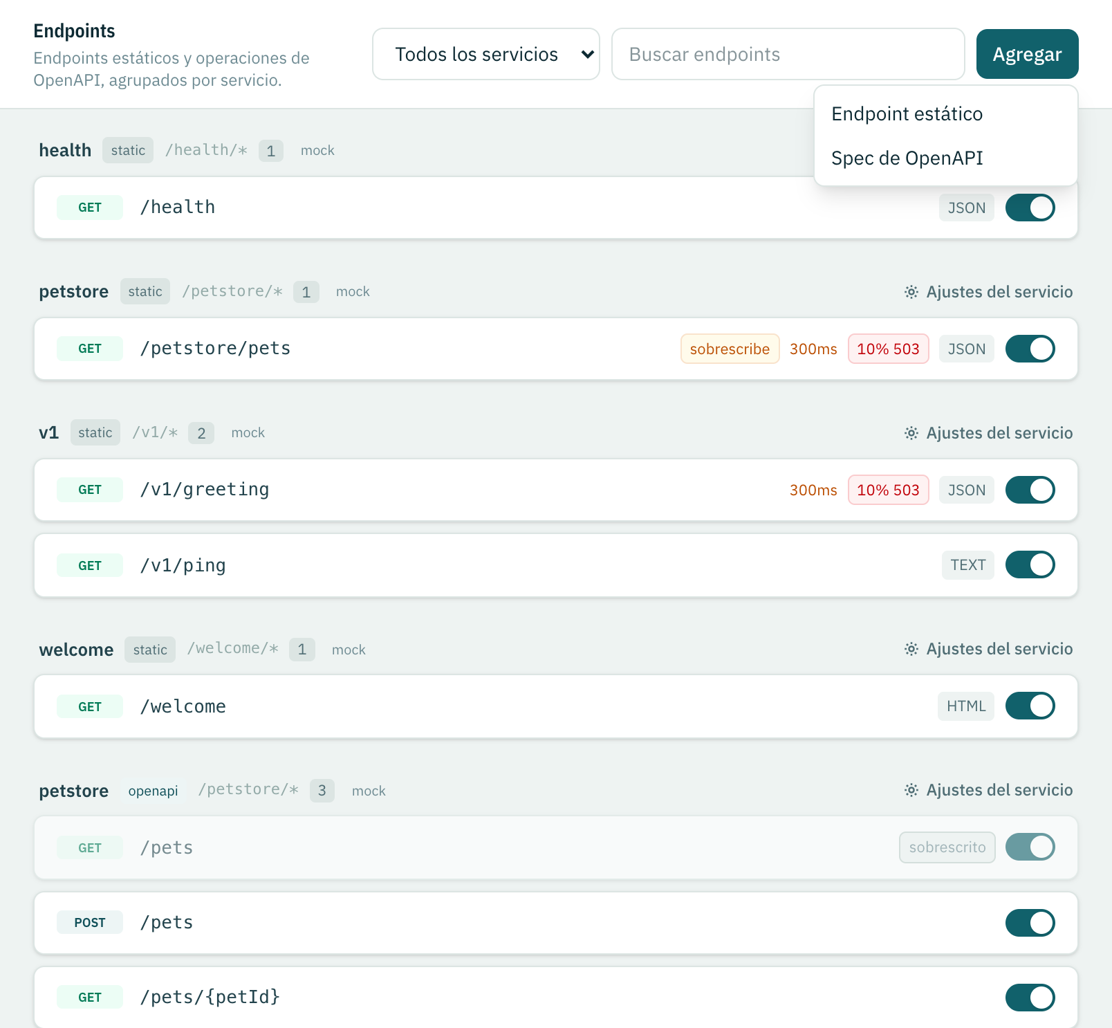 El menú Agregar de la vista Endpoints con las entradas Endpoint estático y Spec de OpenAPI