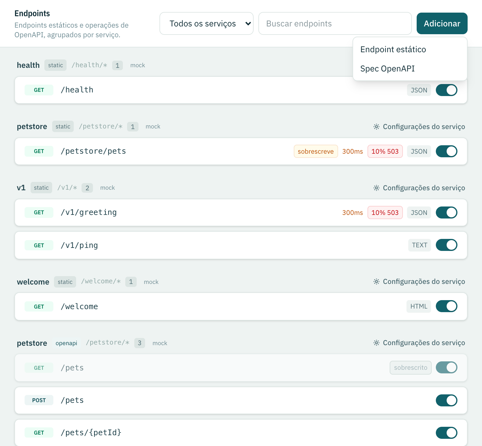 O menu Adicionar da visão Endpoints com as entradas Endpoint estático e Spec OpenAPI