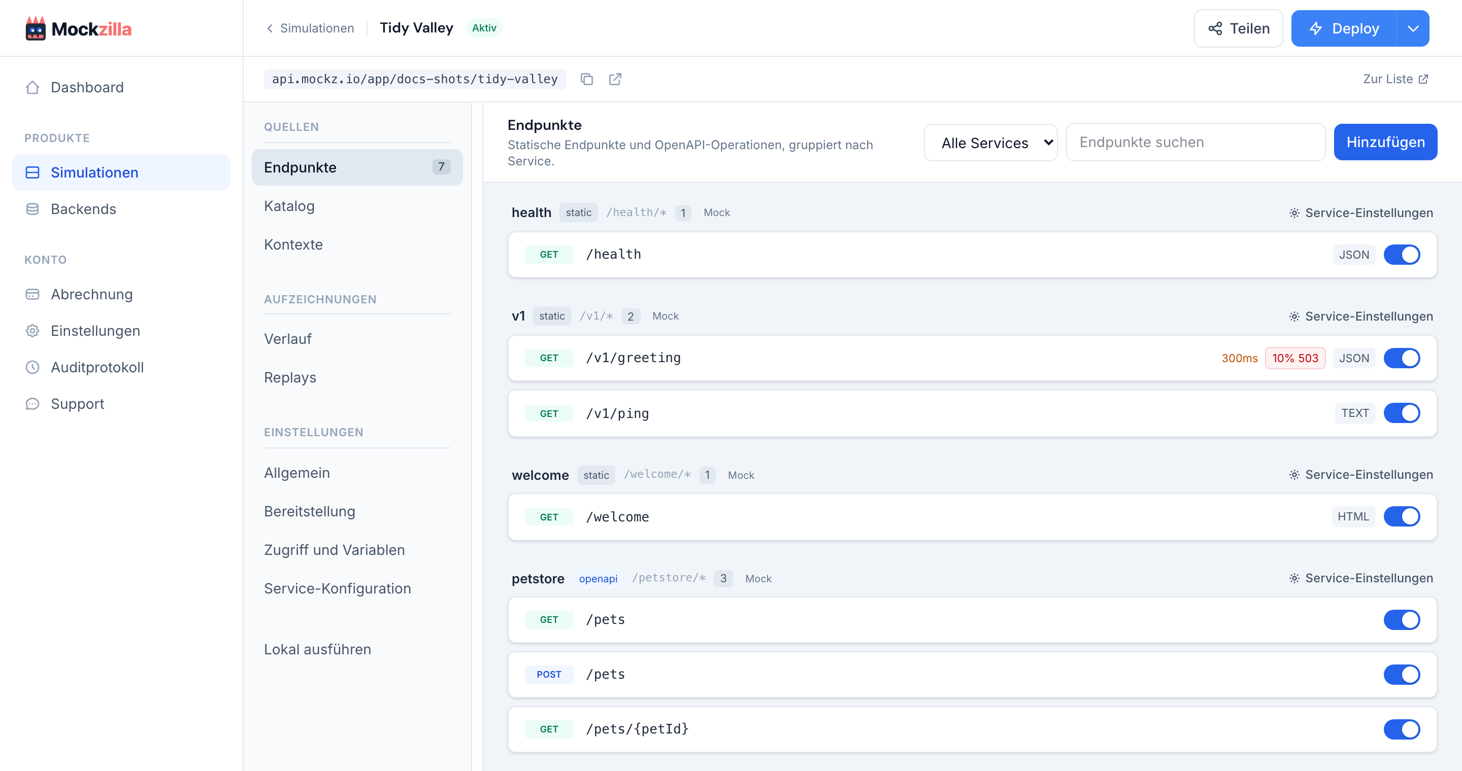 Die Endpunkte-Ansicht mit statischen Services und einem OpenAPI-Service, gruppiert mit Schaltern und Chips