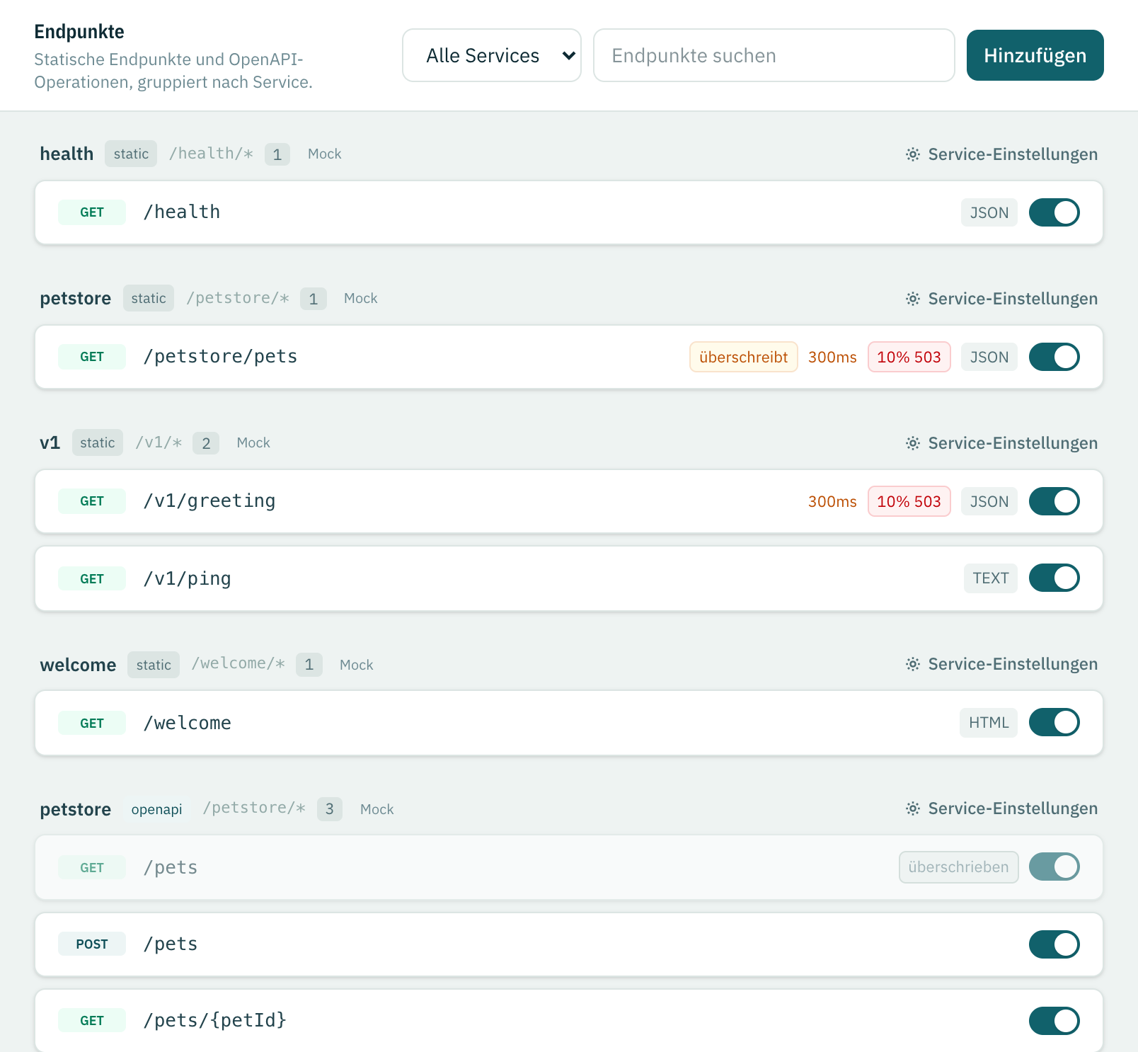 Die Endpunkt-Ansicht mit statischen Services und einem OpenAPI-Service, gruppiert mit Schaltern und Chips