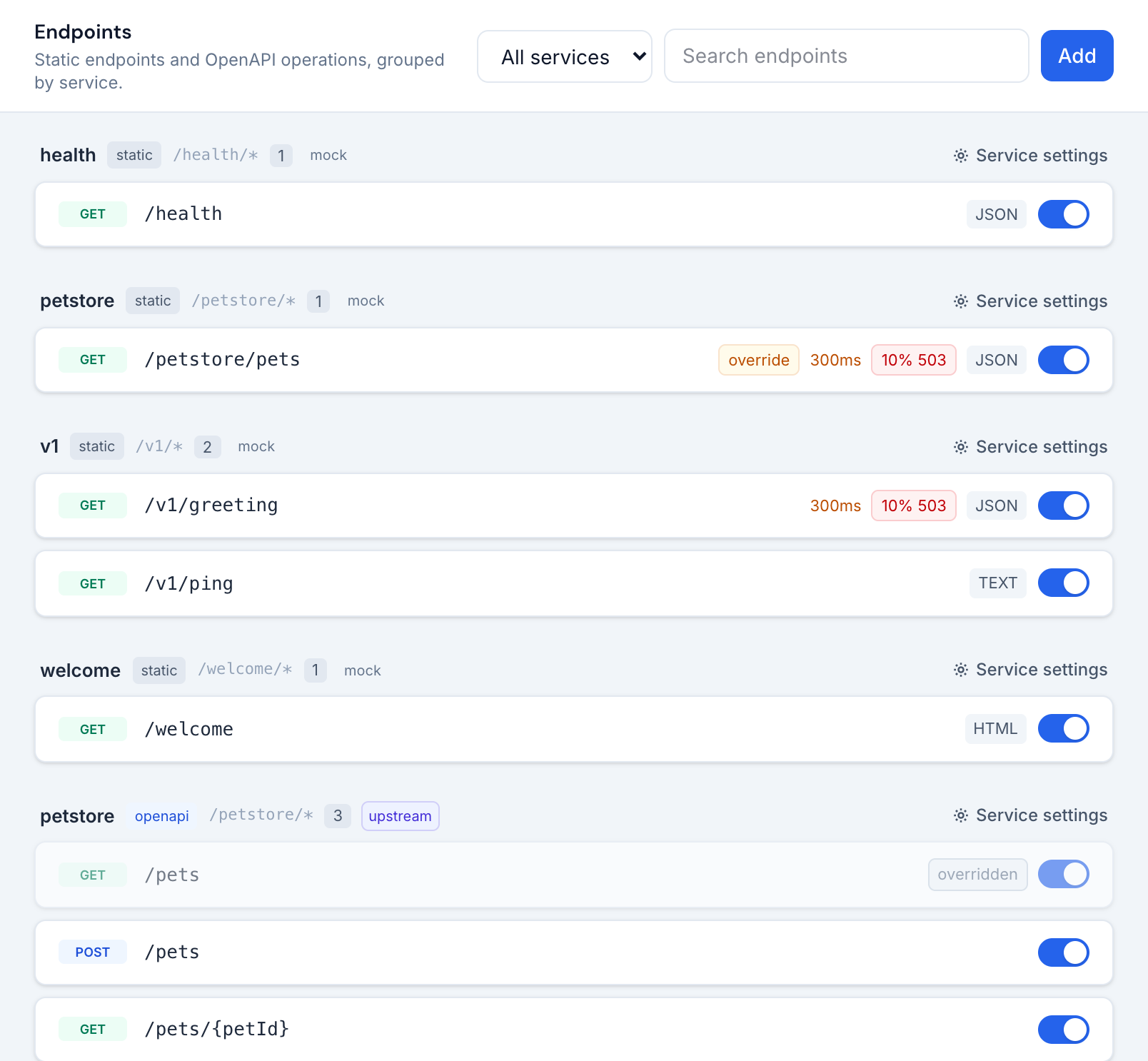 The Endpoints view listing static services and an OpenAPI service, grouped with toggles and chips