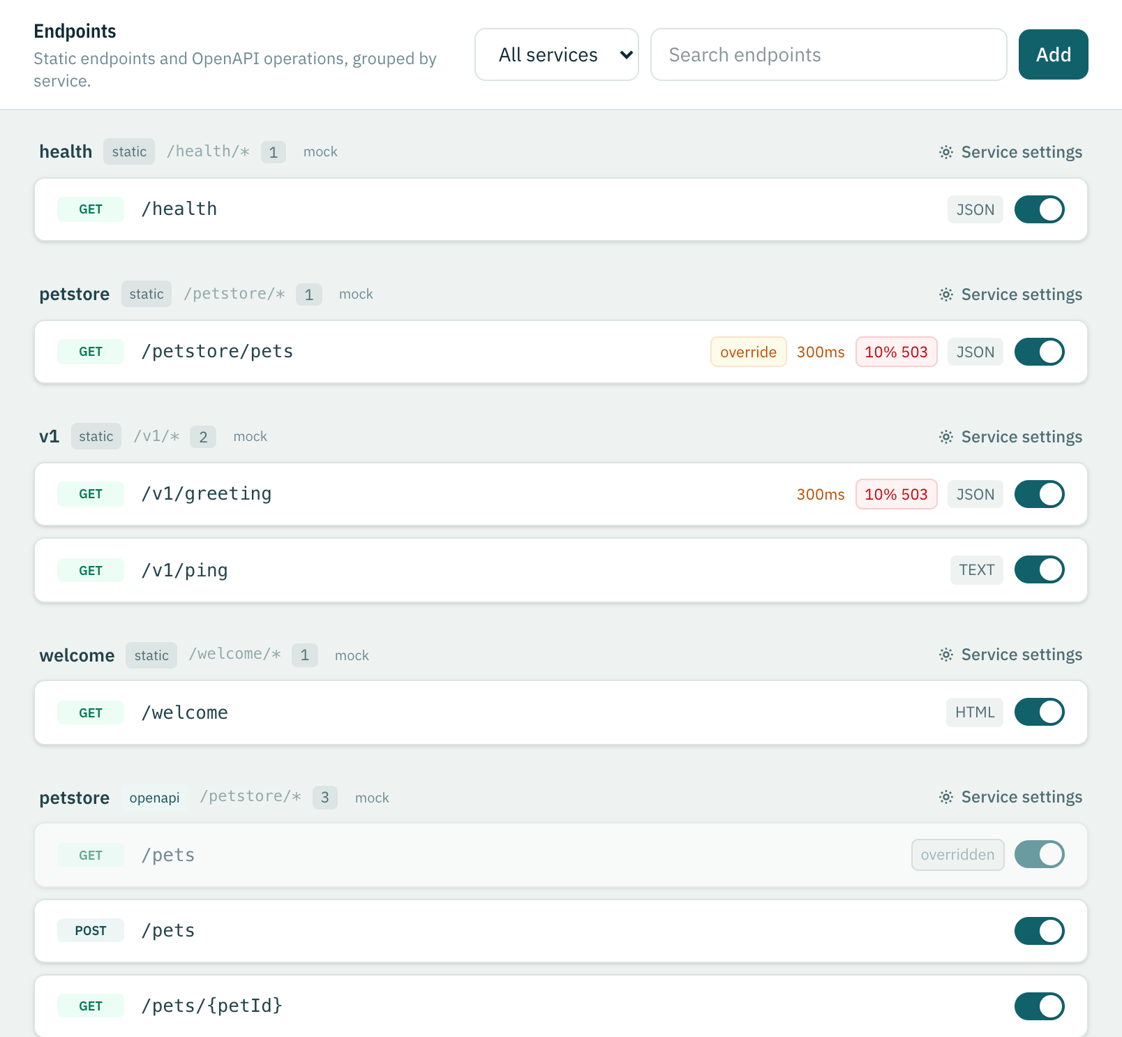 The Endpoints view listing static services and an OpenAPI service, grouped with toggles and chips
