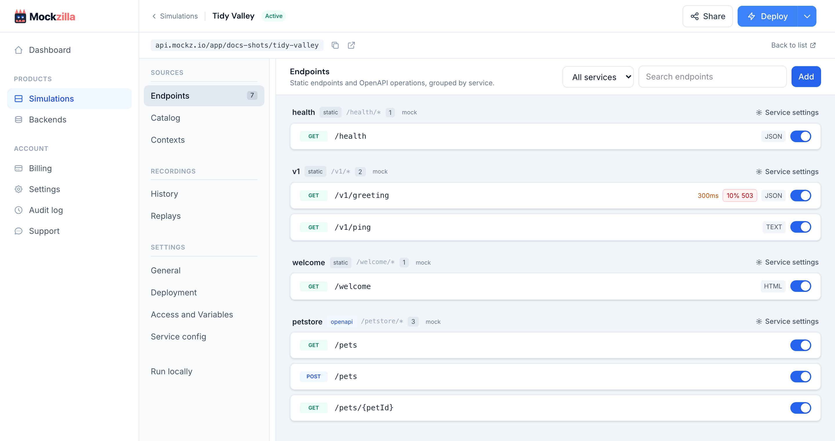 The Endpoints view listing static services and an OpenAPI service, grouped with toggles and chips