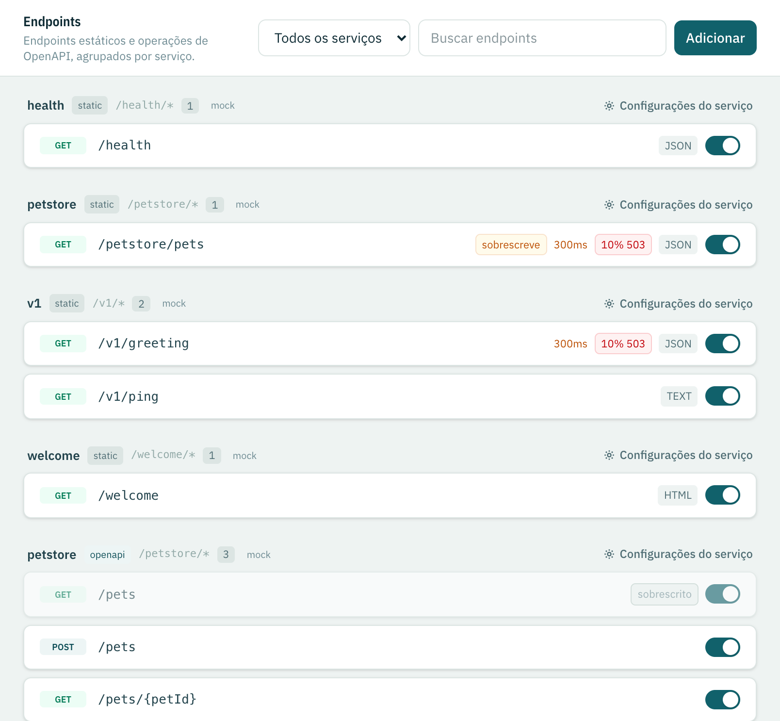 A visão Endpoints com serviços estáticos e um serviço de OpenAPI, agrupados com chaves e chips
