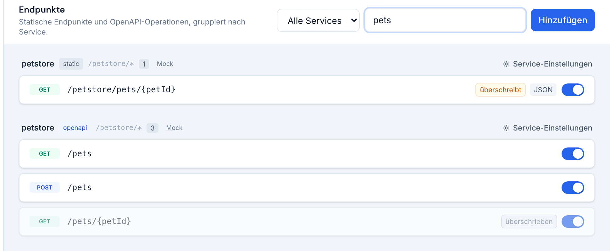 Die auf pets gefilterte Endpunktliste: ein statischer Endpunkt mit Chip überschreibt über dem ausgegrauten OpenAPI-Endpunkt mit Chip überschrieben