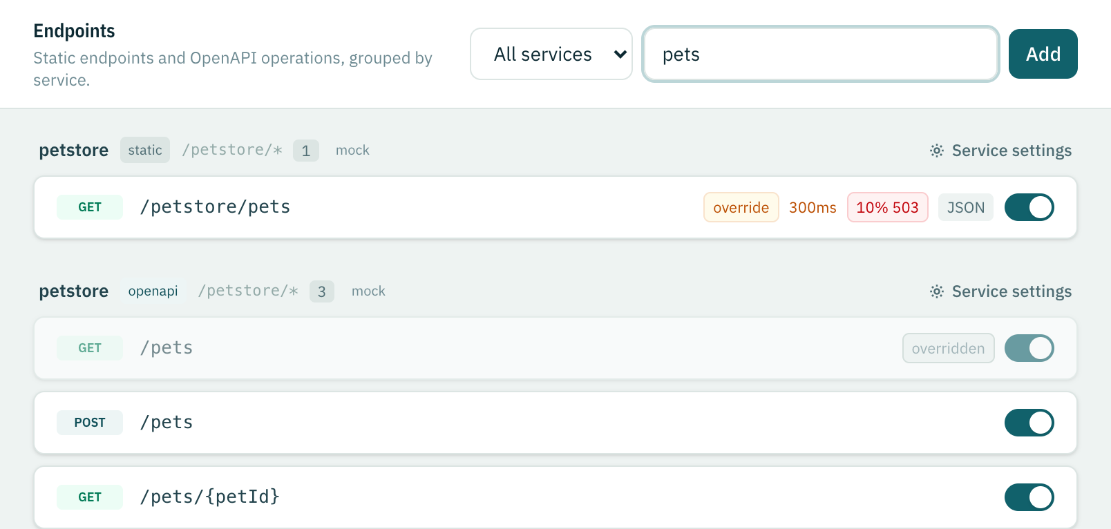 The Endpoints list filtered to pets: a static endpoint marked override above the greyed-out OpenAPI endpoint marked overridden