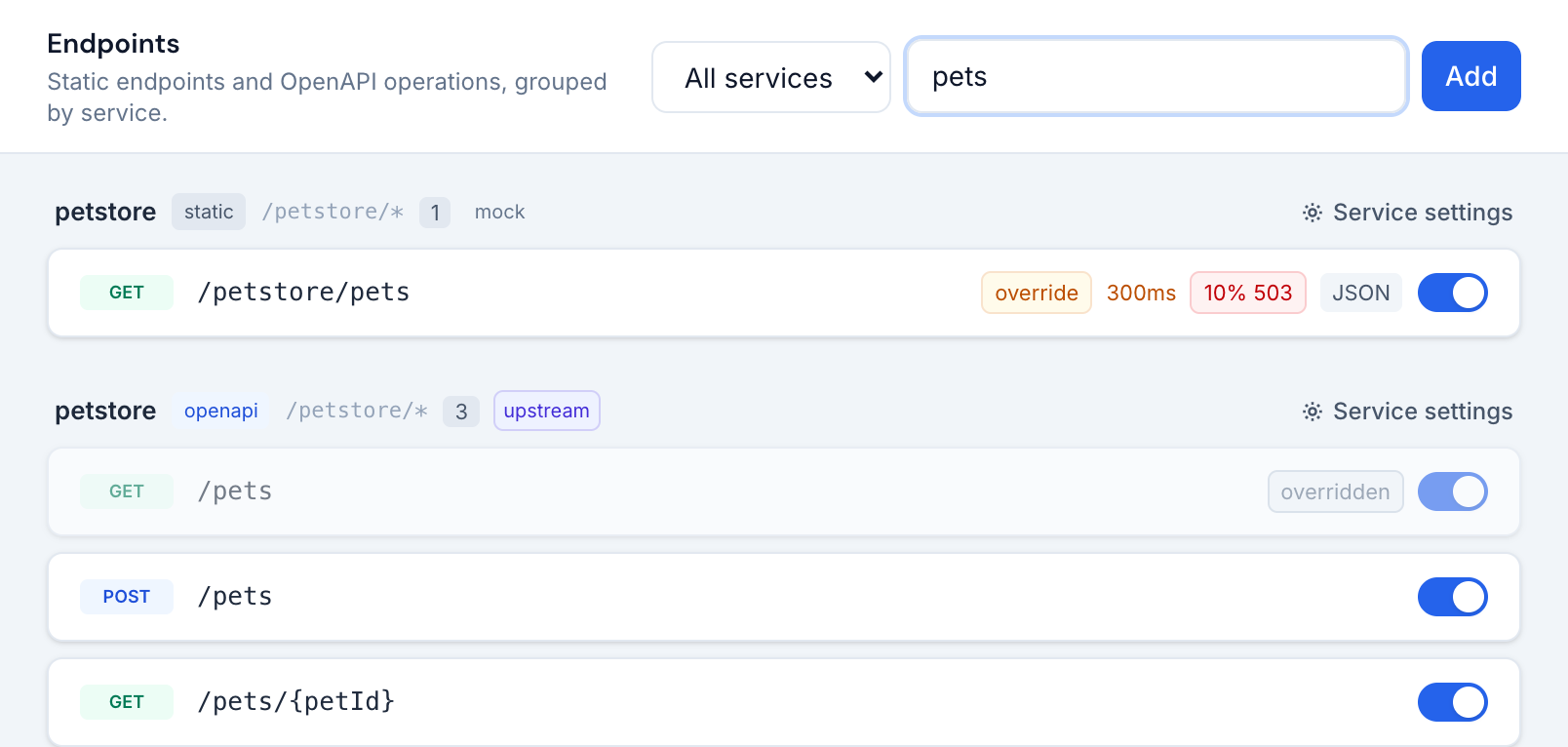 The Endpoints list filtered to pets: a static endpoint marked override above the greyed-out OpenAPI endpoint marked overridden