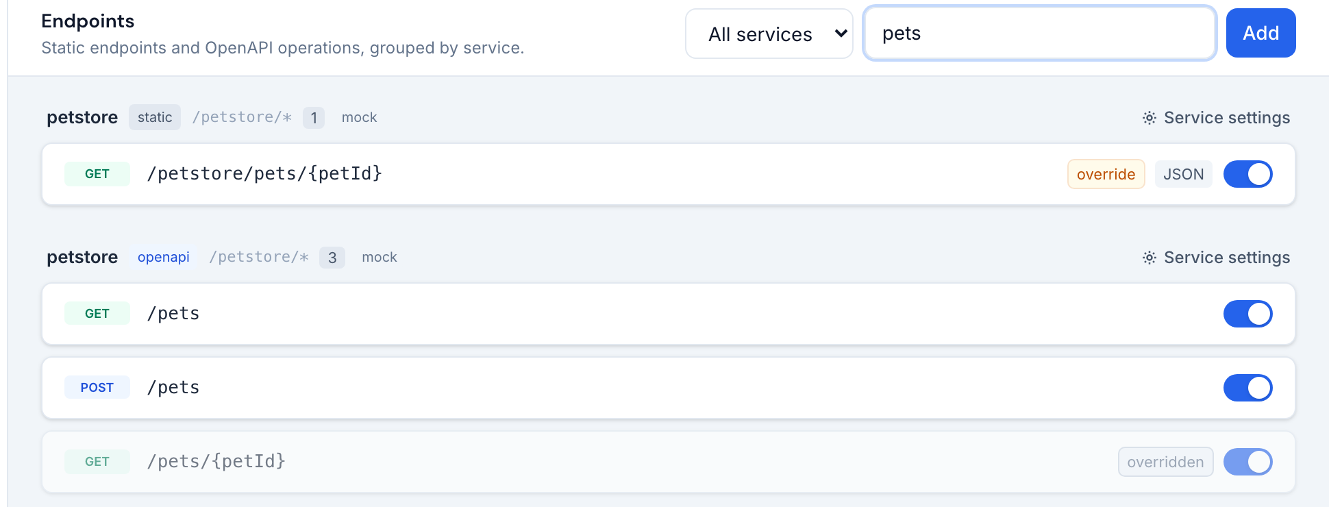 The Endpoints list filtered to pets: a static endpoint marked override above the greyed-out OpenAPI endpoint marked overridden