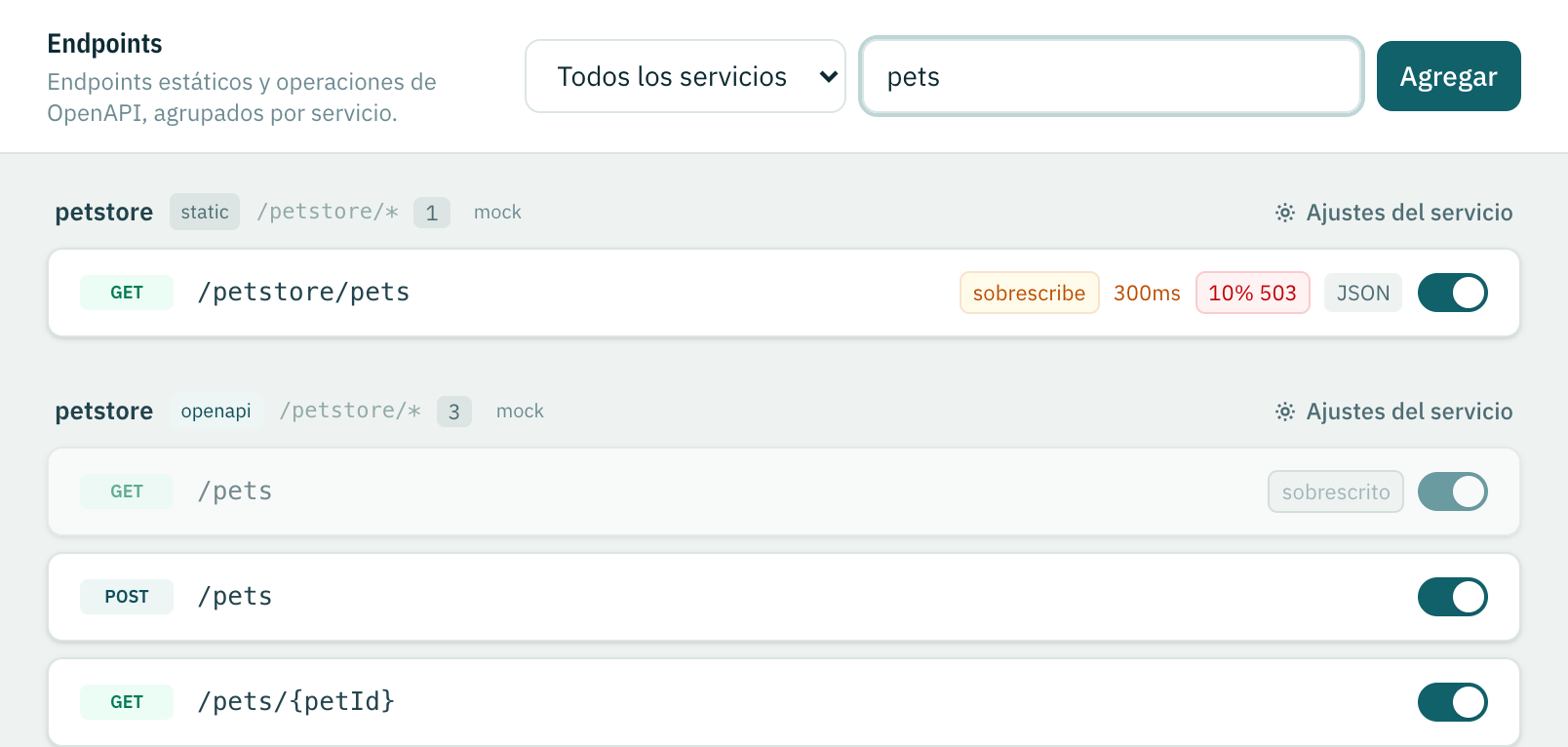 La lista de Endpoints filtrada a pets: un endpoint estático marcado sobrescribe sobre el endpoint de OpenAPI en gris marcado sobrescrito