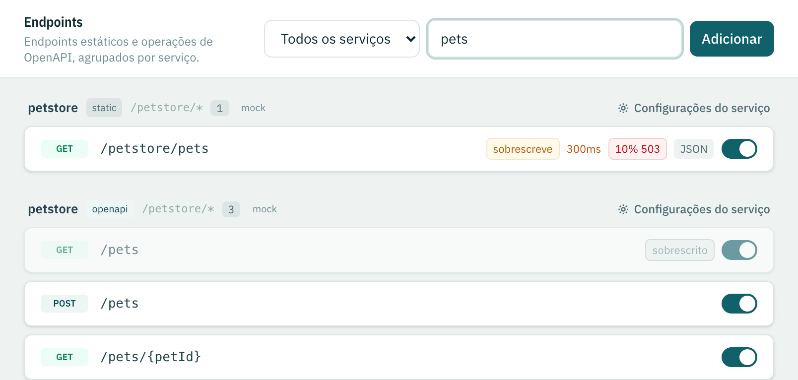 A lista de Endpoints filtrada em pets: um endpoint estático marcado sobrescreve acima do endpoint de OpenAPI em cinza marcado sobrescrito