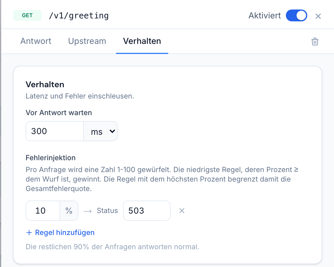 Der Verhalten-Tab eines statischen Endpunkts mit 300 ms Wartezeit und einer 10-Prozent-503-Fehlerregel
