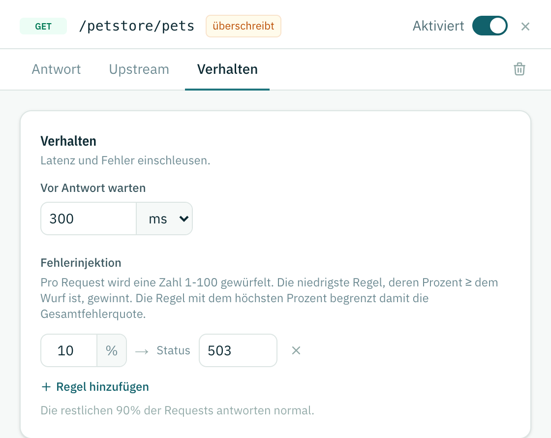 Der Verhalten-Tab eines statischen Endpunkts mit 300 ms Wartezeit und einer 10-Prozent-503-Regel
