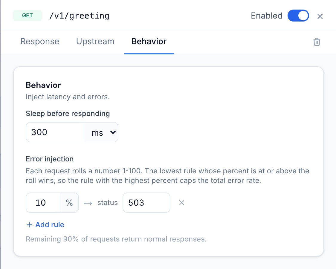 The Behavior tab of a static endpoint with 300 ms sleep and a 10 percent 503 error rule