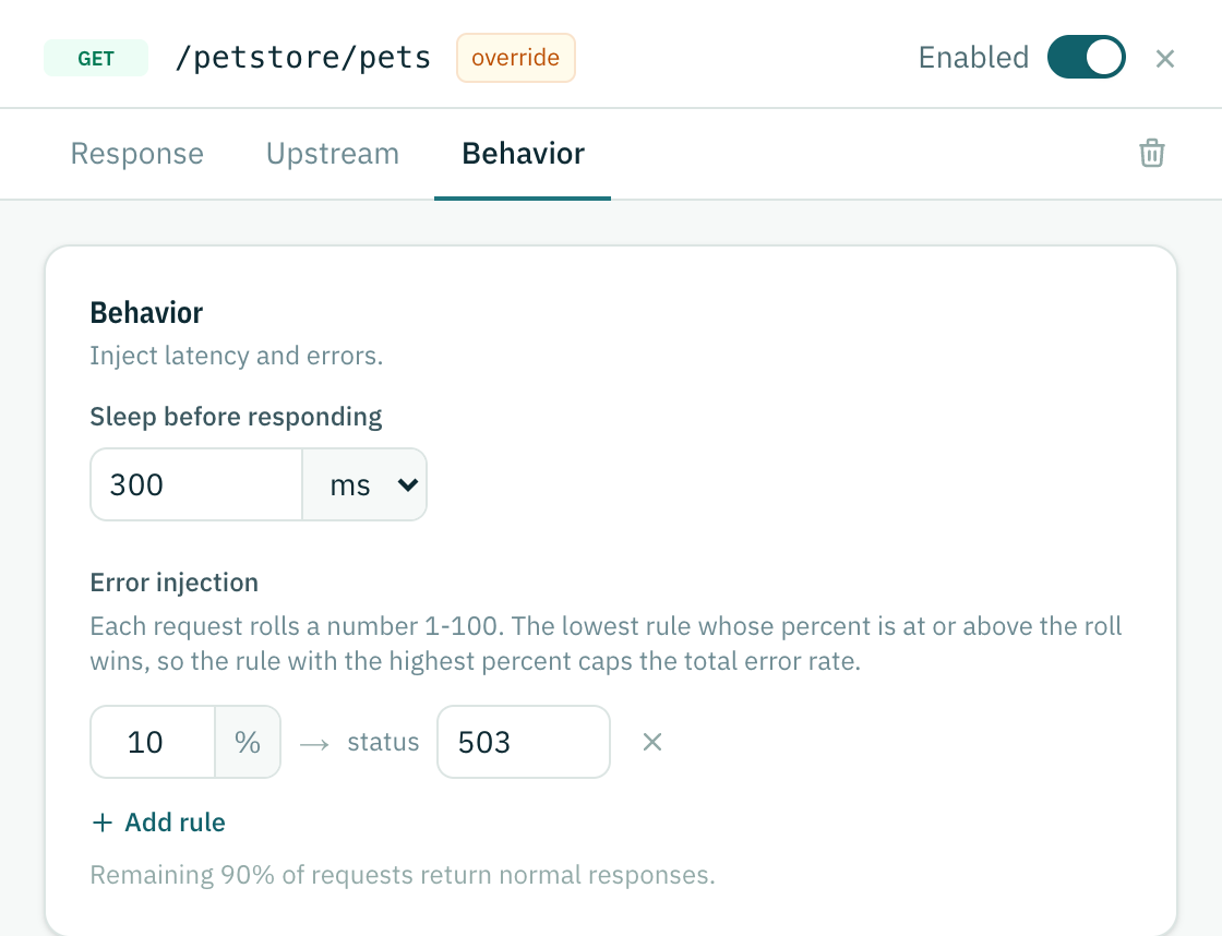 The Behavior tab of a static endpoint with 300 ms sleep and a 10 percent 503 error rule