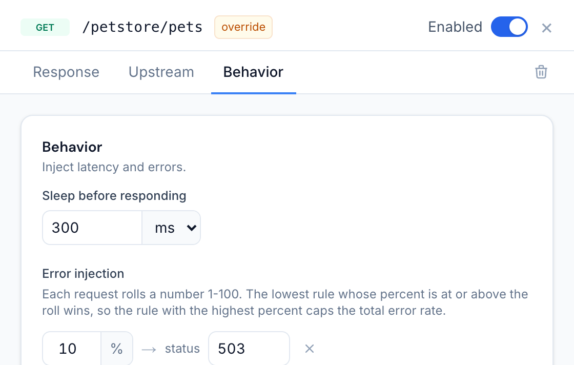 The Behavior tab of a static endpoint with 300 ms sleep and a 10 percent 503 error rule