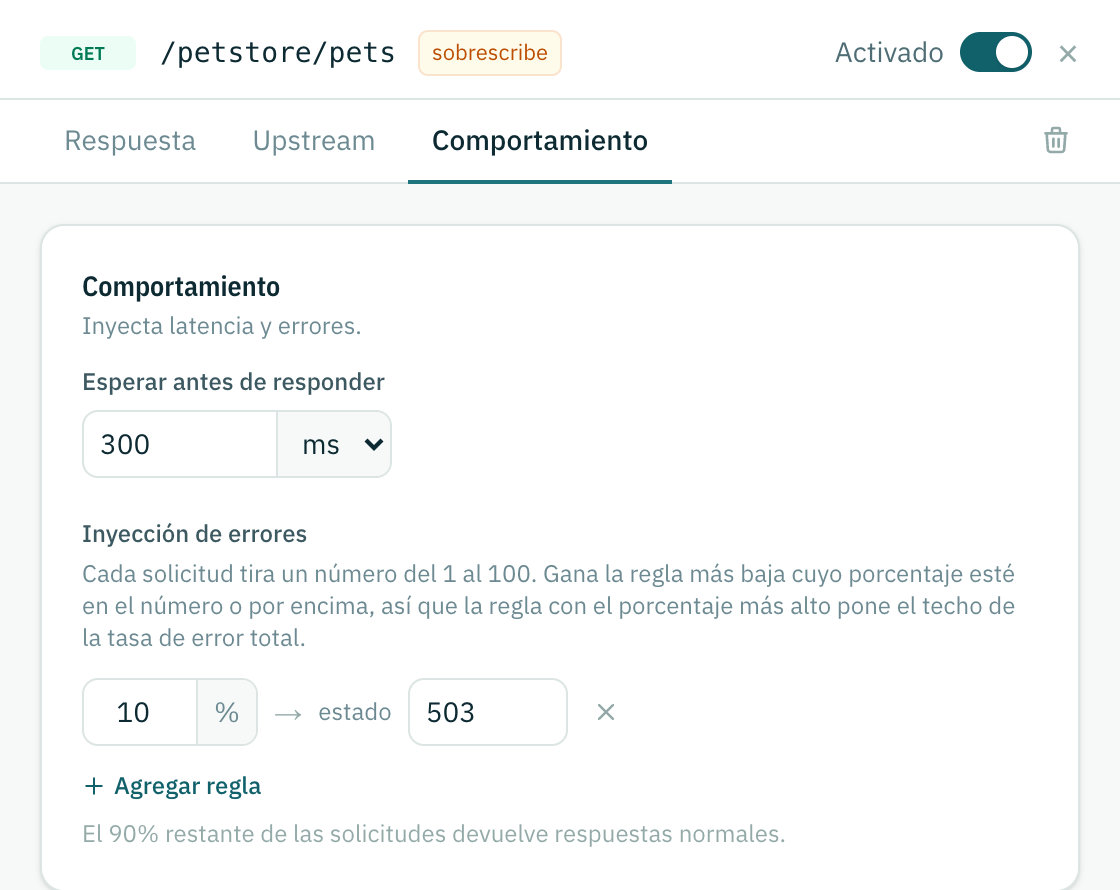 La pestaña Comportamiento de un endpoint estático con 300 ms de espera y una regla de error 503 al 10 por ciento