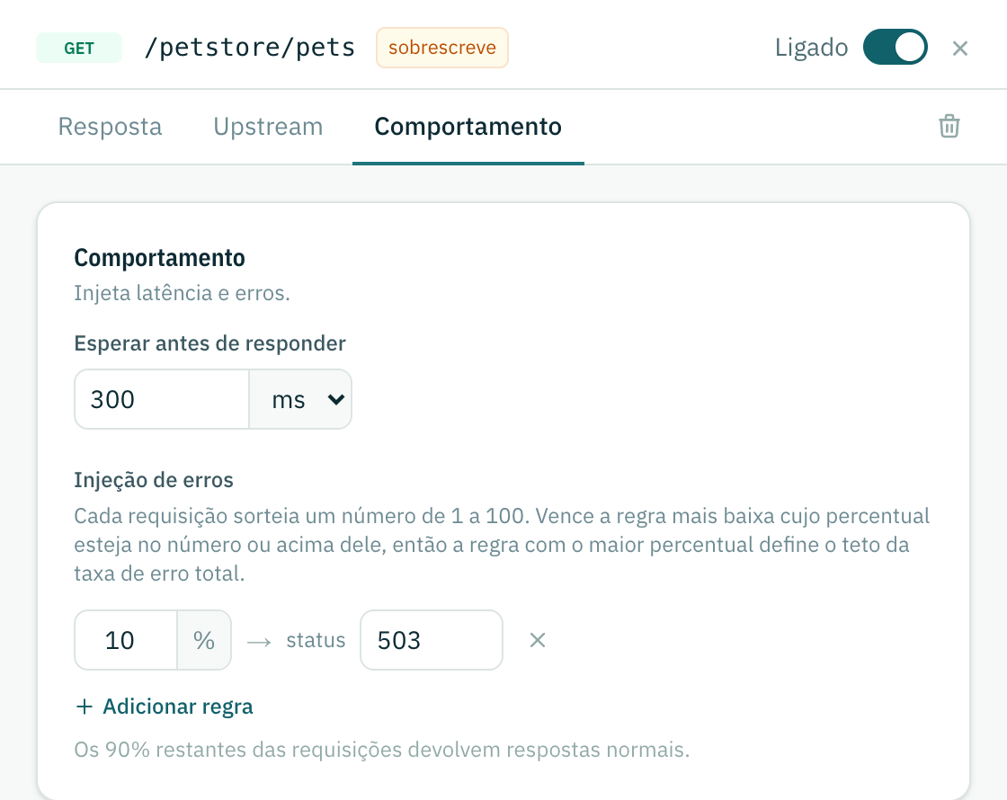 A aba Comportamento de um endpoint estático com 300 ms de espera e uma regra de erro 503 em 10 por cento