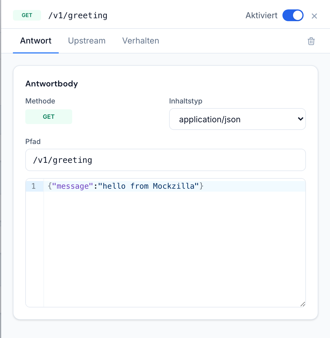 Ein statischer Endpunkt beim Bearbeiten: Methode, Inhaltstyp, Pfad und der Editor für den Antwortbody