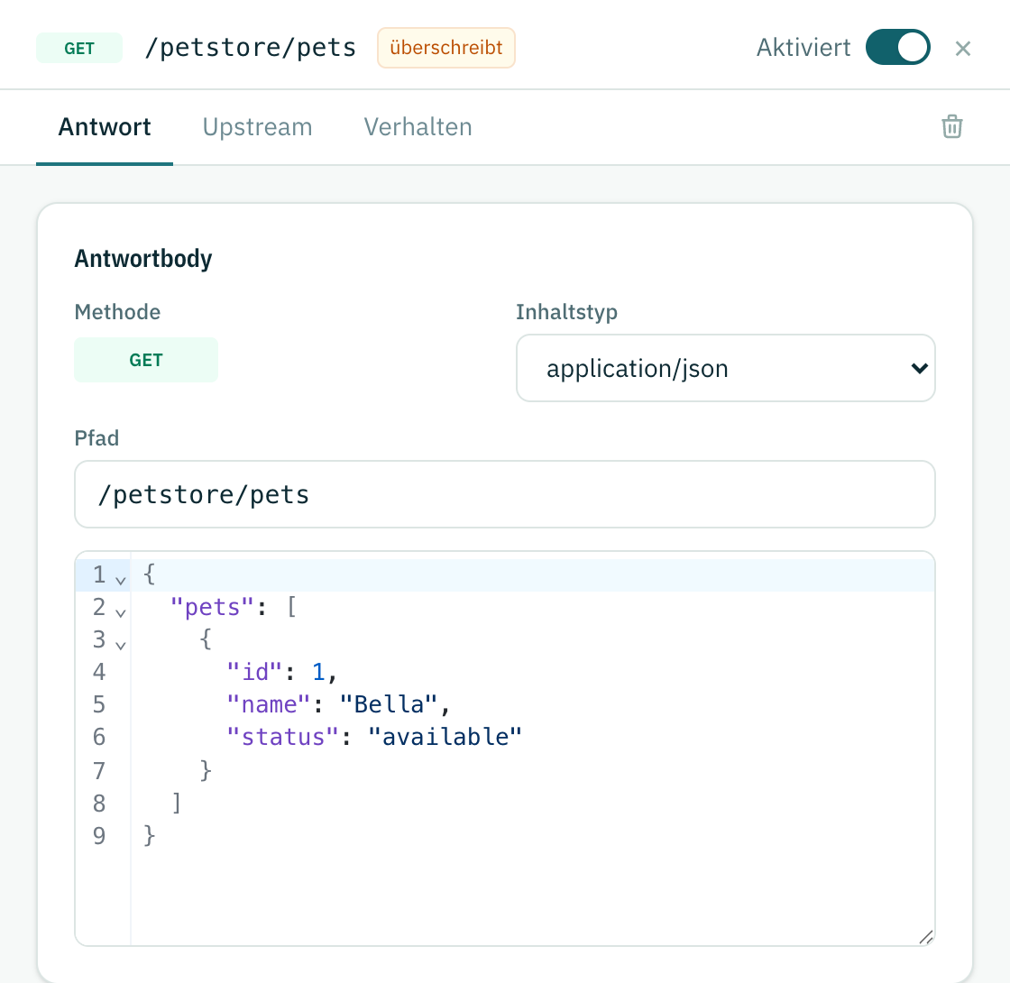 Ein statischer Endpunkt zum Bearbeiten geöffnet: Methode, Content-Type, Pfad und der Editor für den Antwortbody