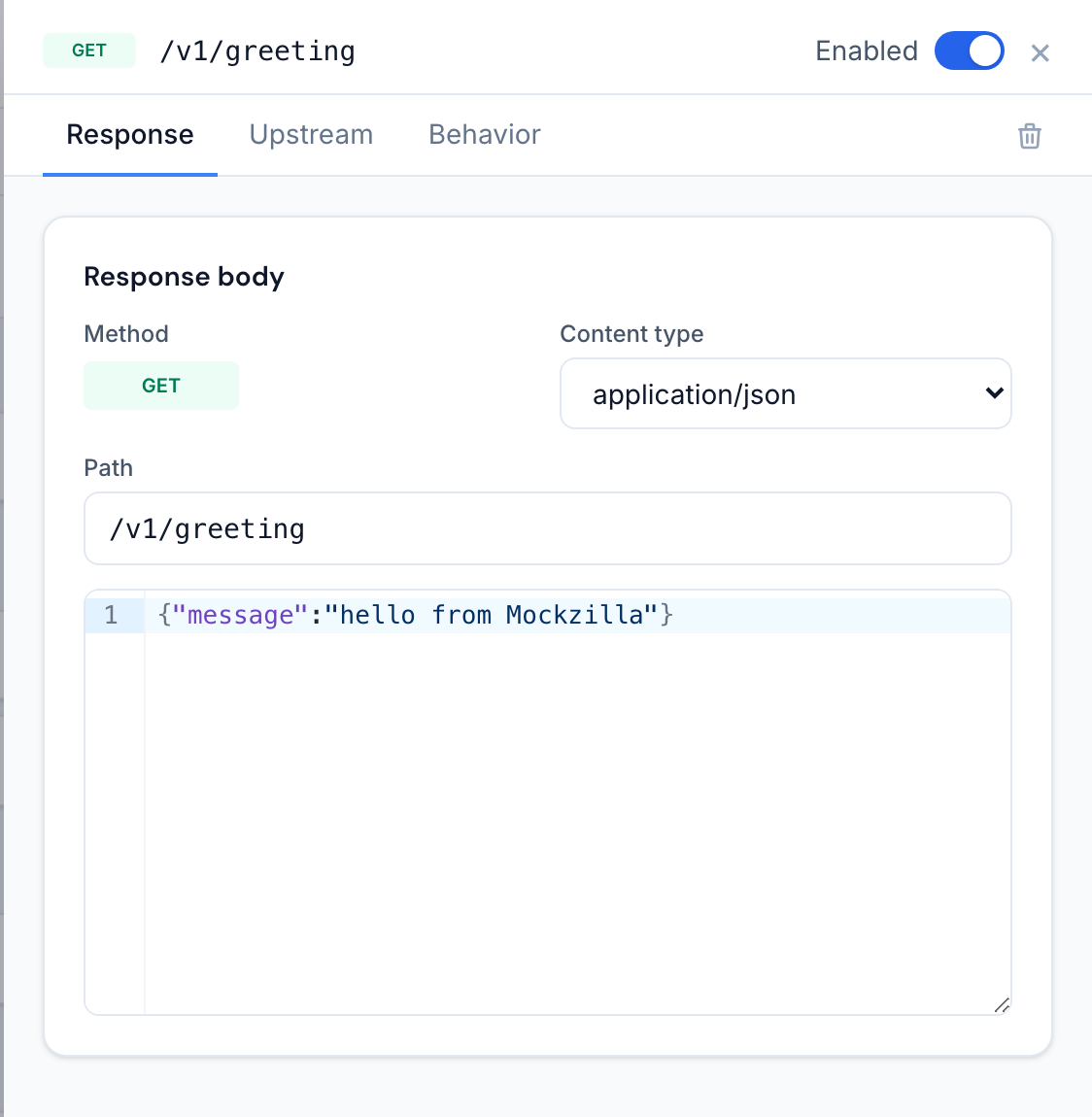 A static endpoint open for editing: method, content type, path and the response body editor