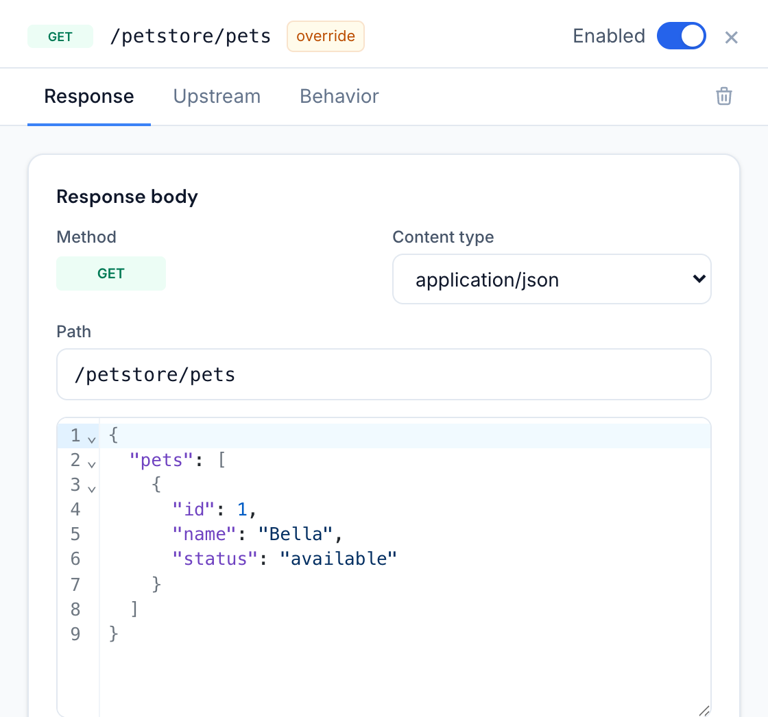 A static endpoint open for editing: method, content type, path and the response body editor