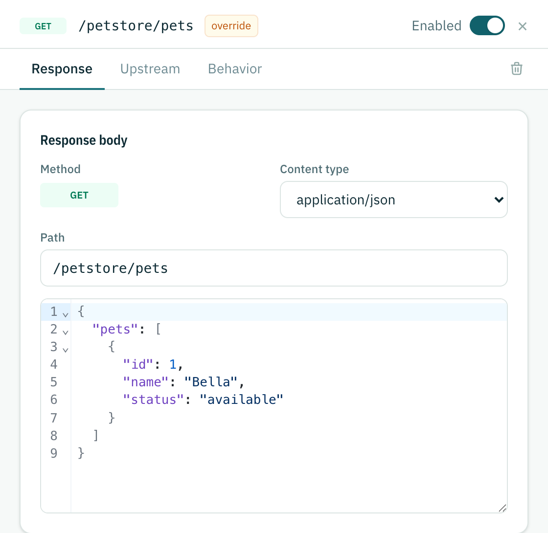 A static endpoint open for editing: method, content type, path and the response body editor
