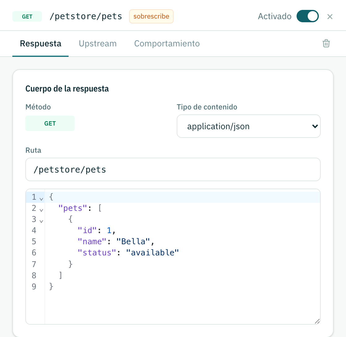 Un endpoint estático abierto para editar: método, tipo de contenido, ruta y el editor del cuerpo de la respuesta