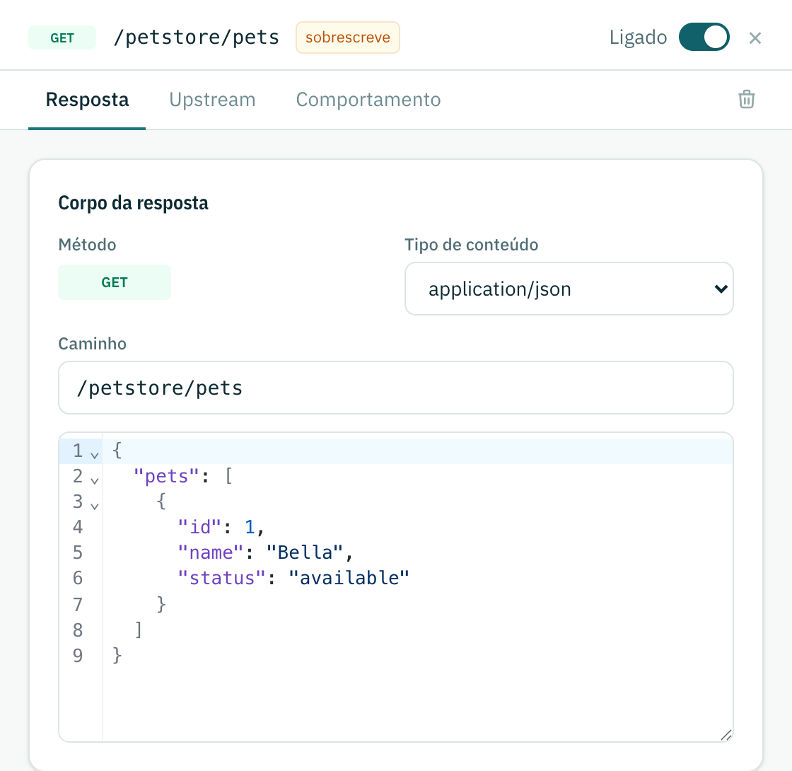 Um endpoint estático aberto para edição: método, tipo de conteúdo, caminho e o editor do corpo da resposta