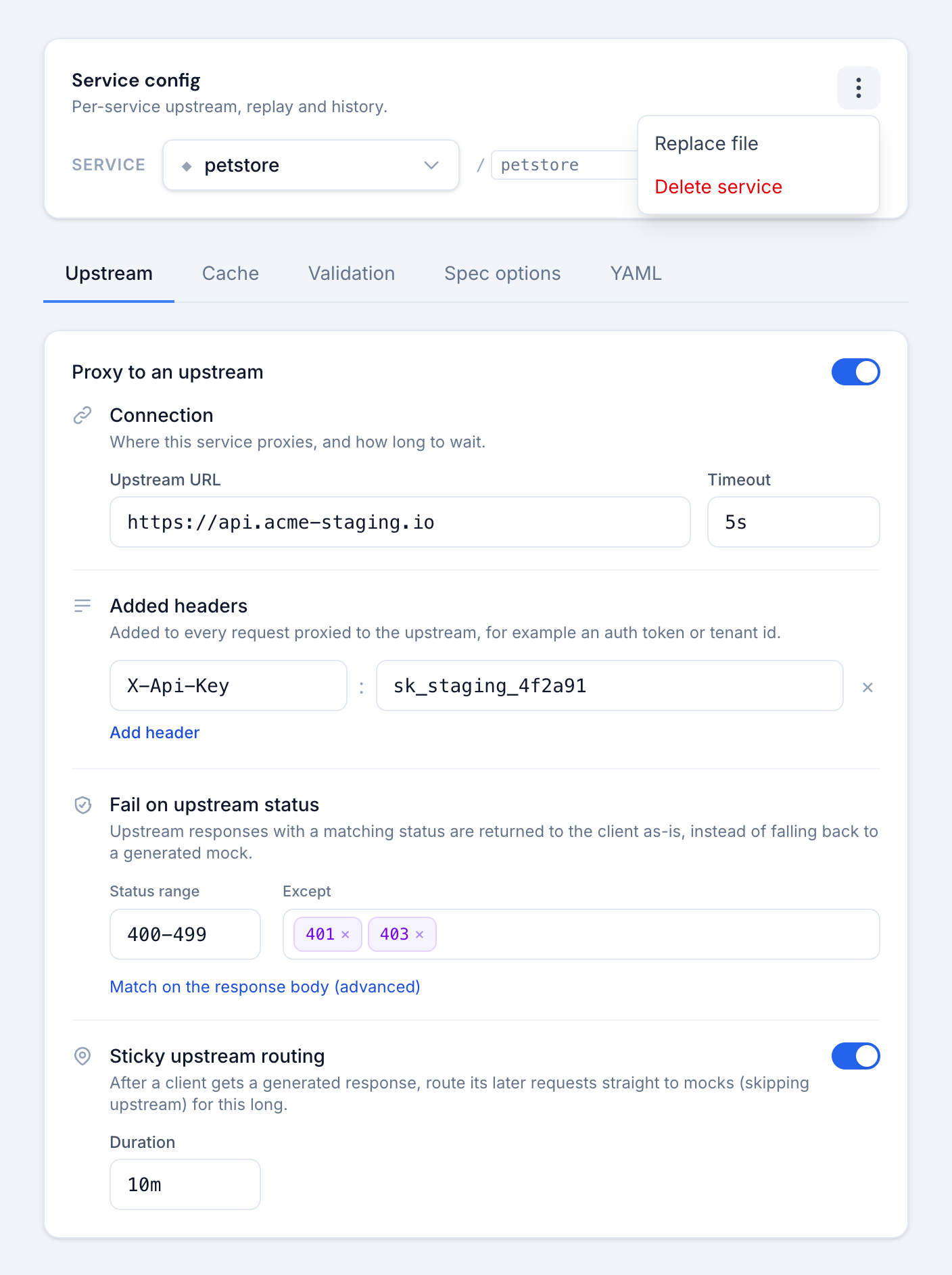 The Service config page with the service dropdown open, listing three static services and the petstore OpenAPI service