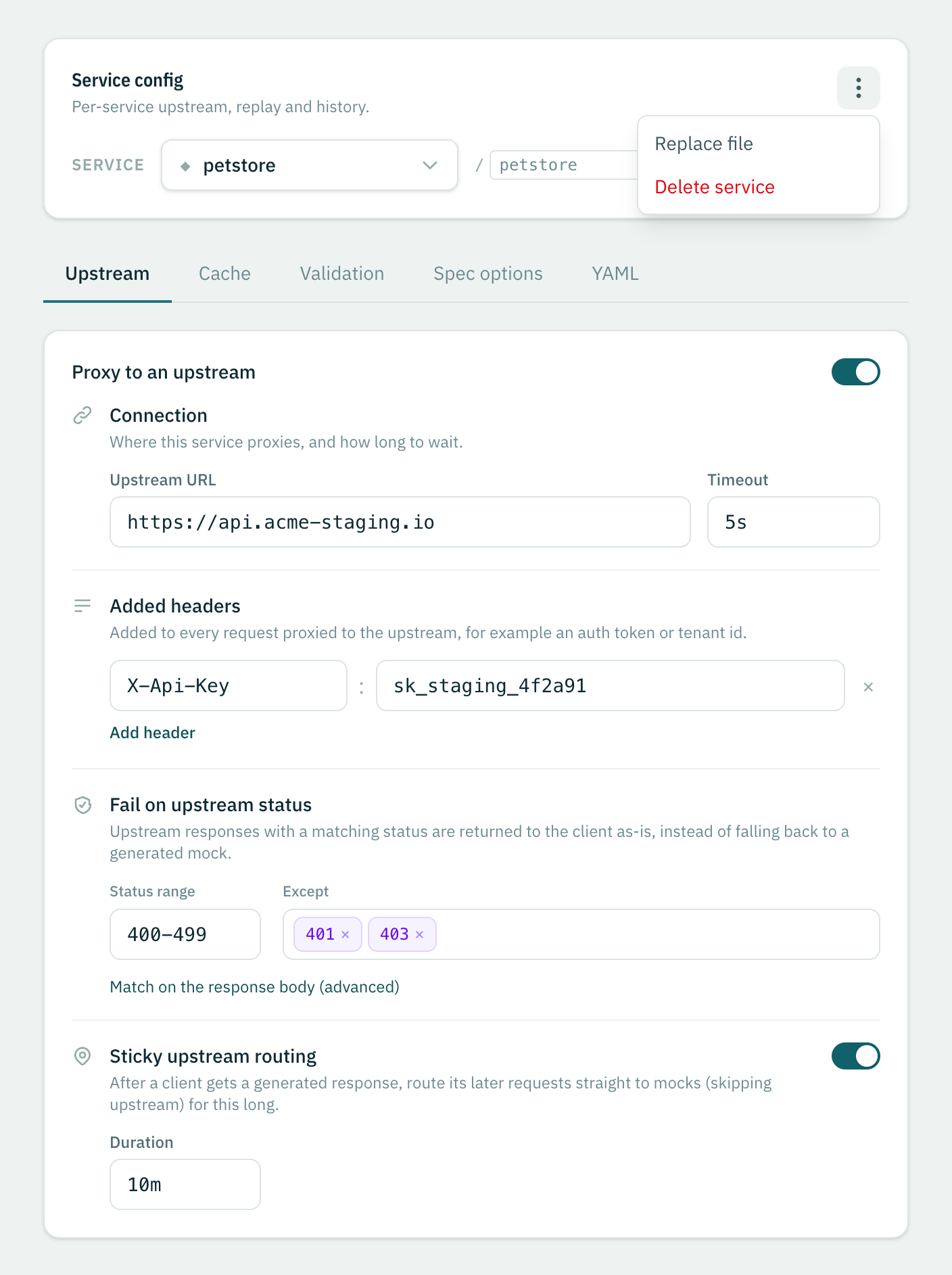 The Service config page with the service dropdown open, listing three static services and the petstore OpenAPI service