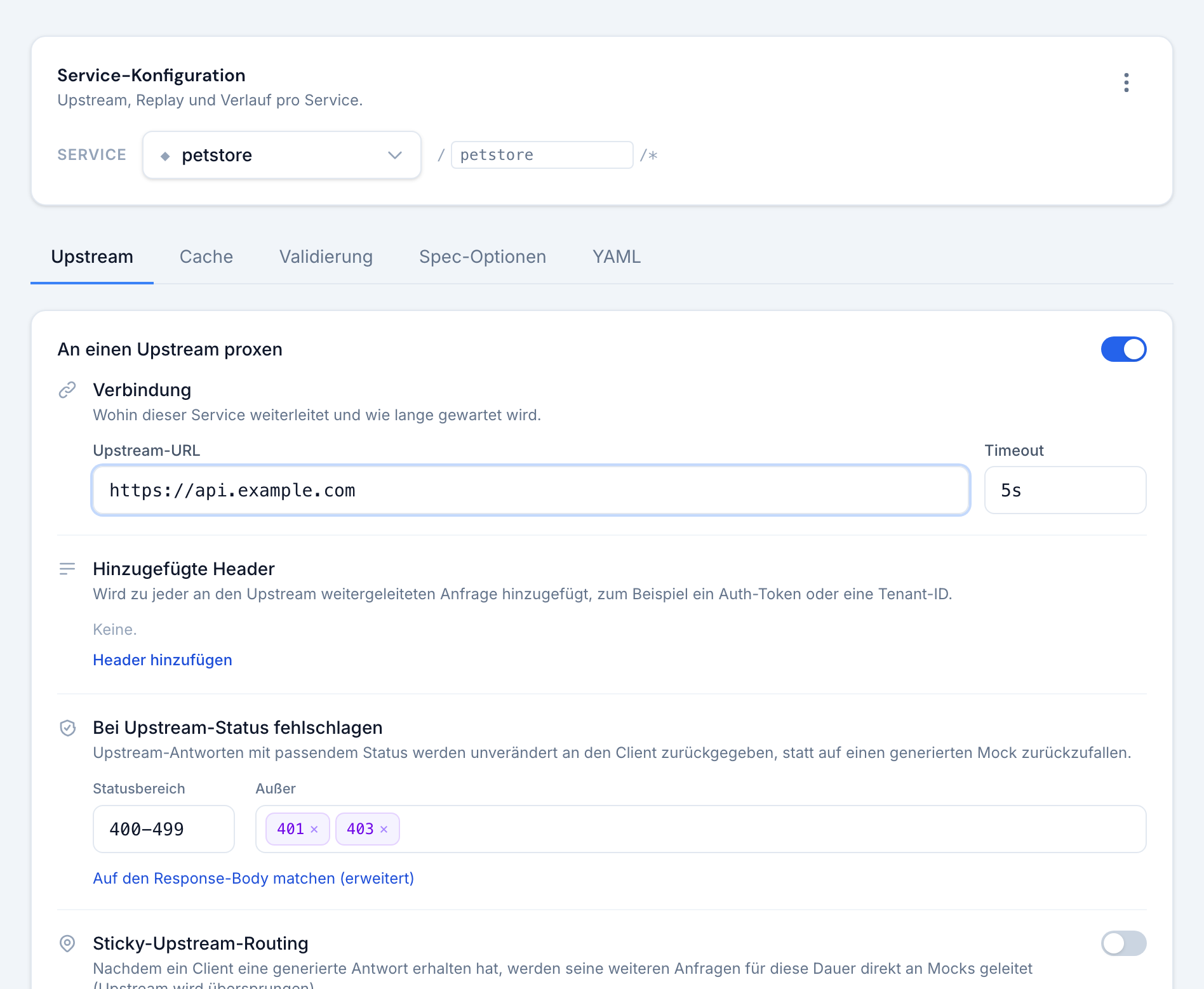 Der Upstream-Tab mit aktiviertem Proxy: Verbindungs-URL und Timeout, hinzugefügte Header, Statusbereich und Sticky-Routing