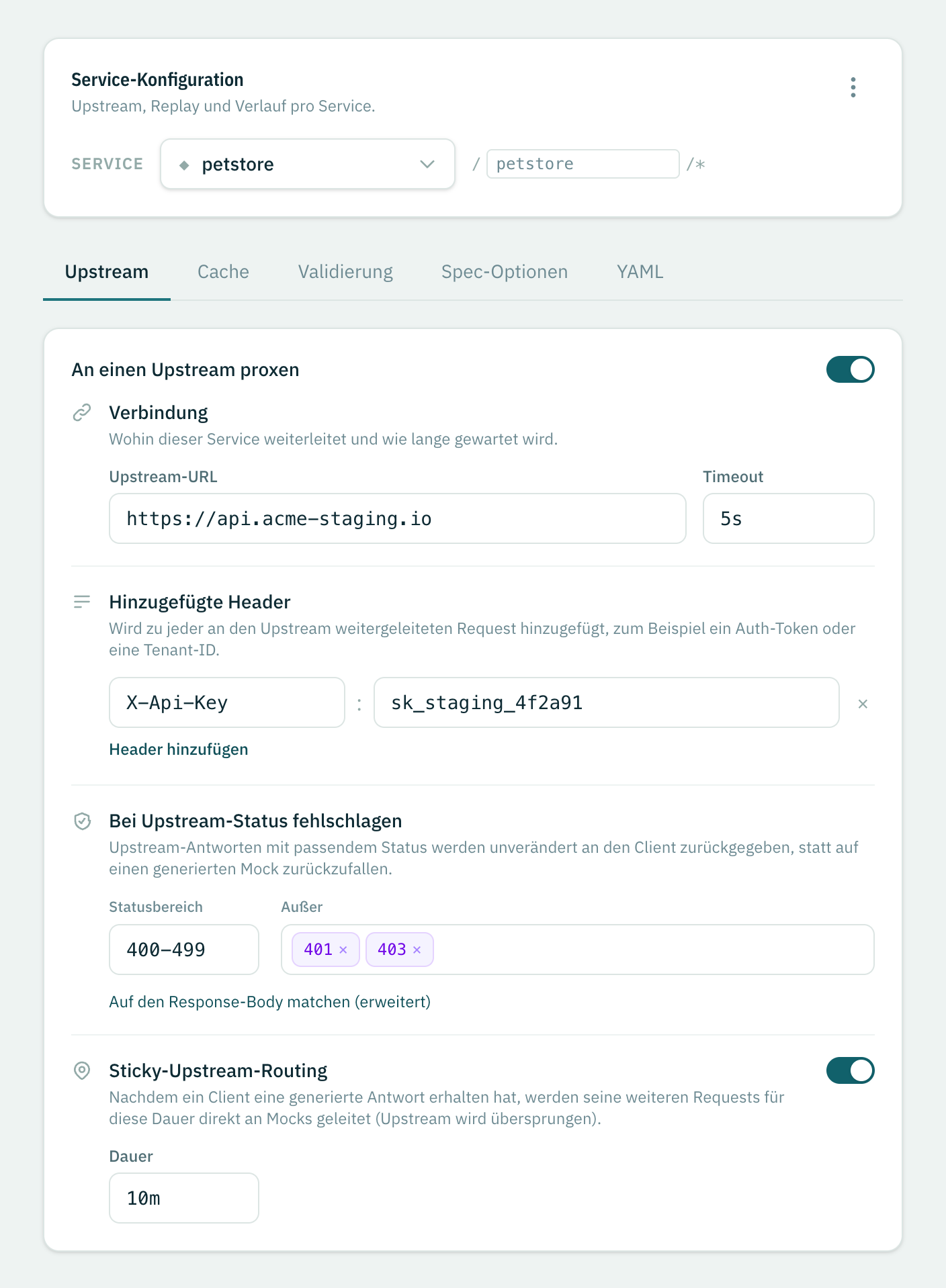 Der Upstream-Tab mit aktiviertem Proxy: Verbindungs-URL und Timeout, hinzugefügte Header, Statusbereich und Sticky-Routing