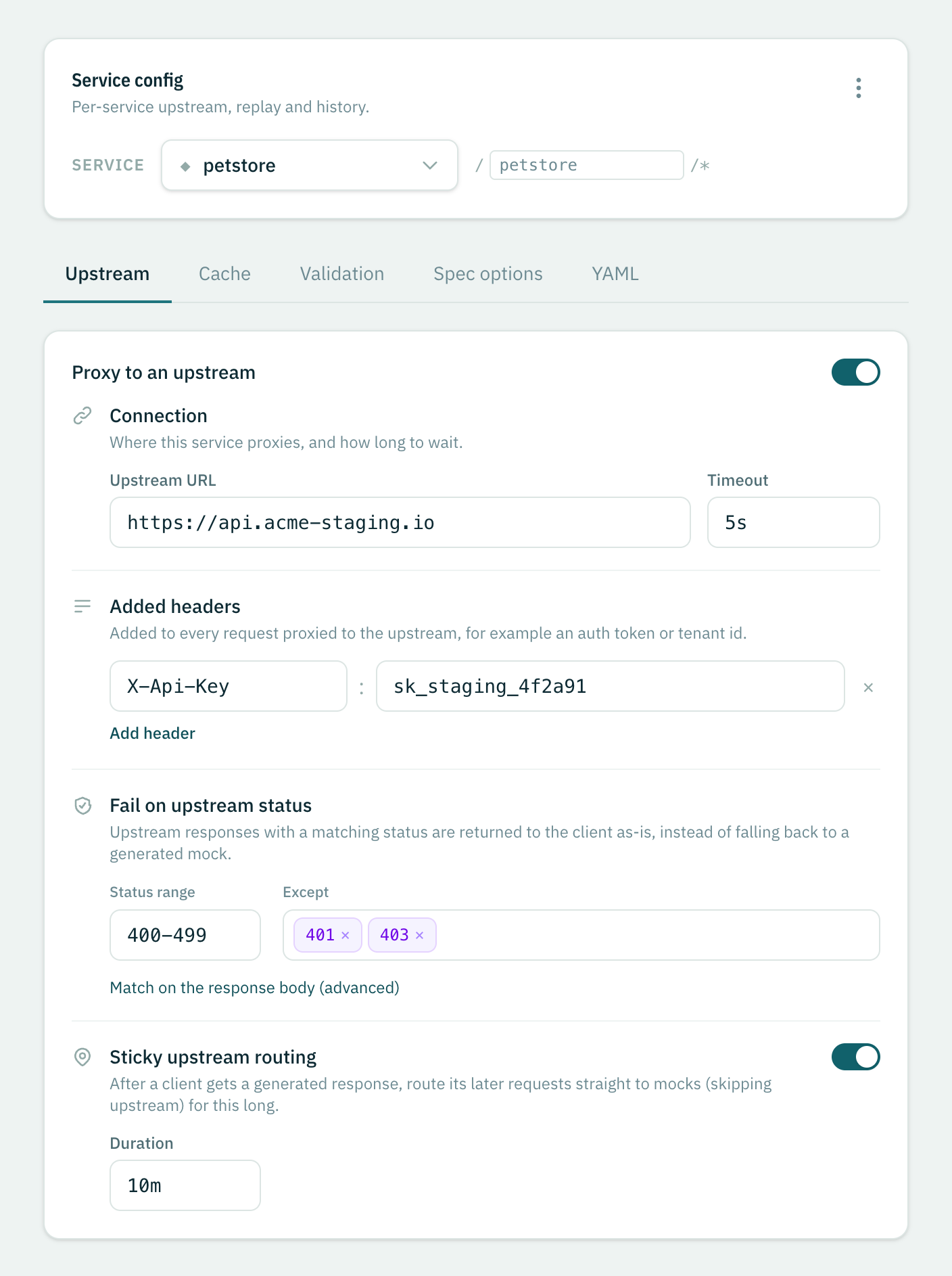 The Upstream tab with proxying enabled: connection URL and timeout, added headers, fail-on status range and sticky routing
