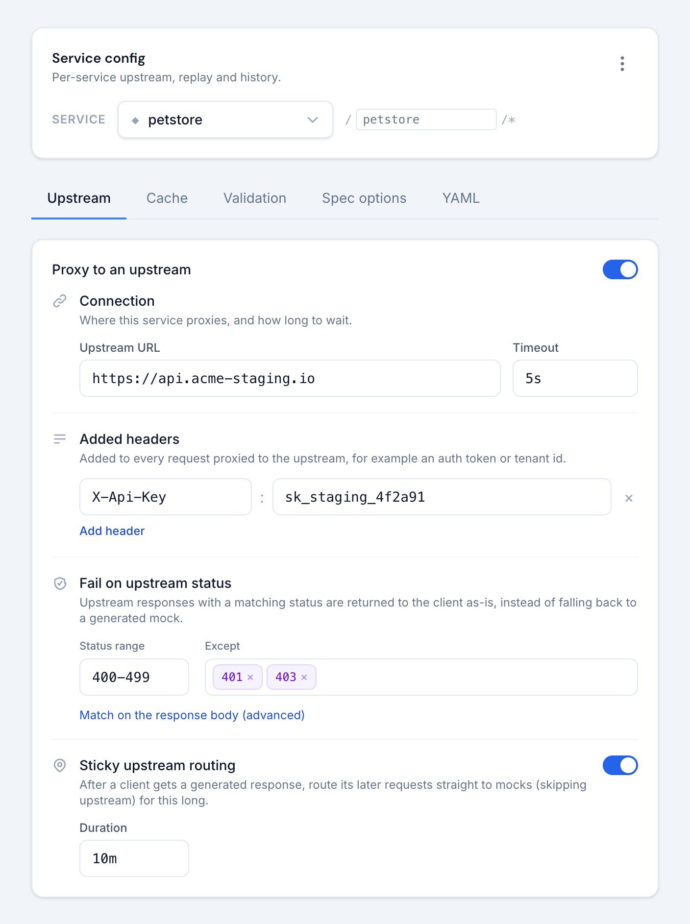 The Upstream tab with proxying enabled: connection URL and timeout, added headers, fail-on status range and sticky routing