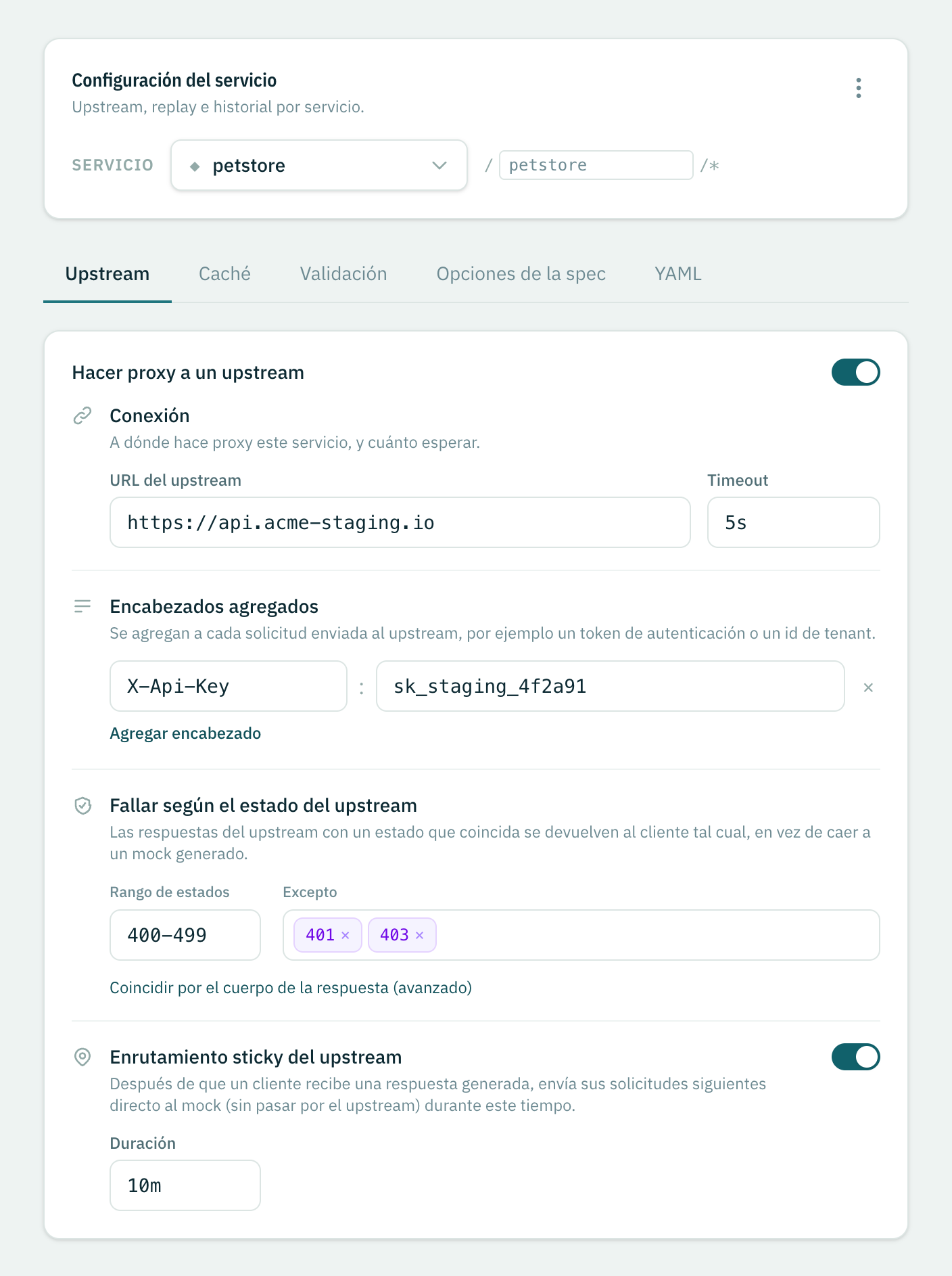 La pestaña Upstream con el proxy activado: URL de conexión y timeout, encabezados agregados, rango de estados para fallar y enrutamiento sticky