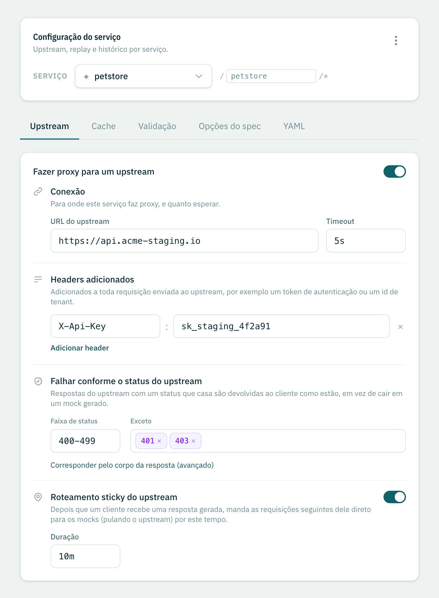 A aba Upstream com o proxy ligado: URL de conexão e timeout, headers adicionados, faixa de status para falhar e roteamento sticky