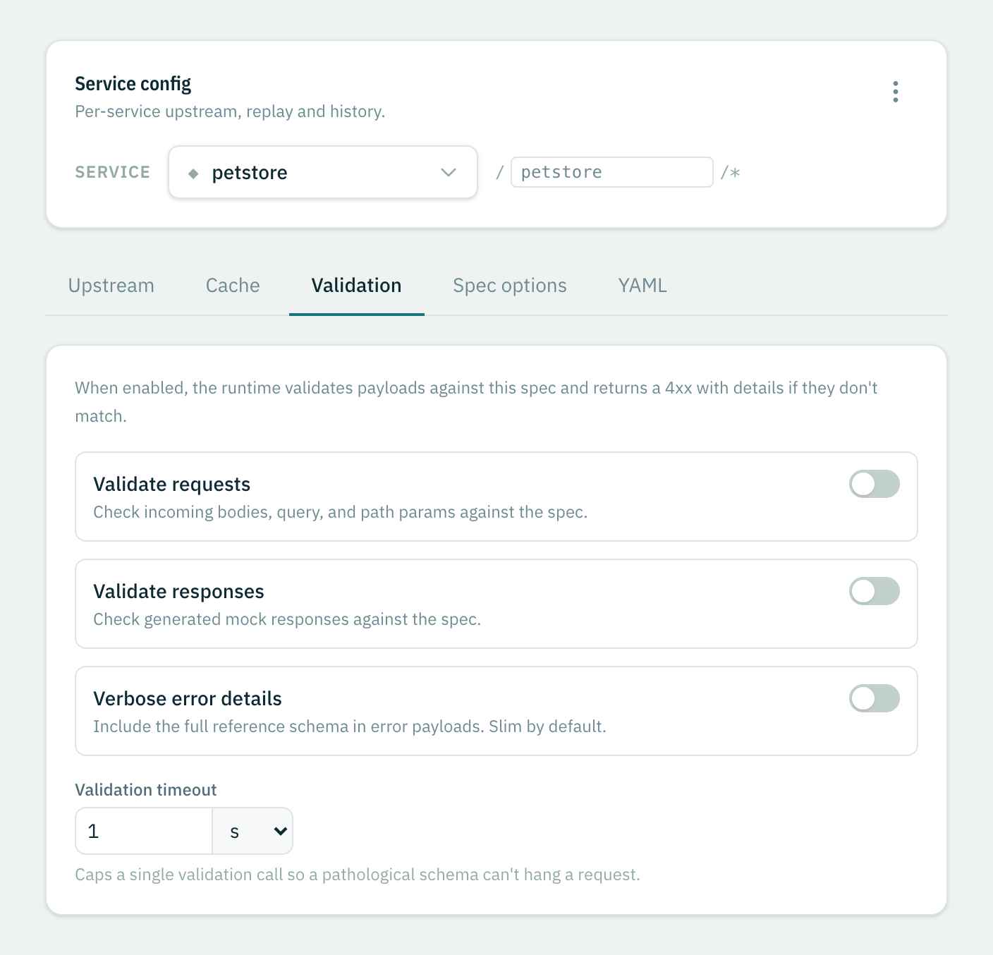 The Validation tab: validate requests, validate responses, verbose error details and the validation timeout