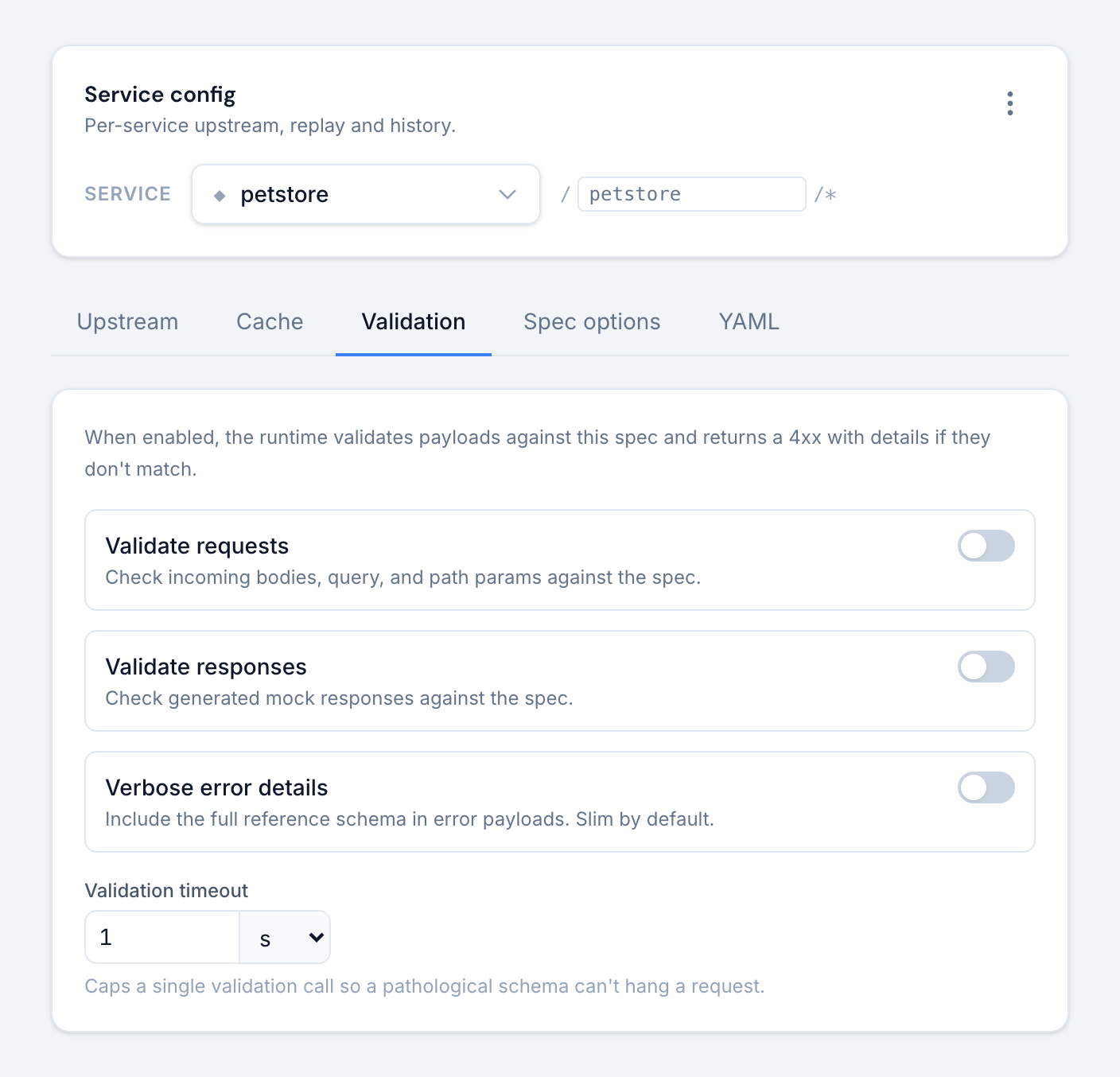 The Validation tab: validate requests, validate responses, verbose error details and the validation timeout