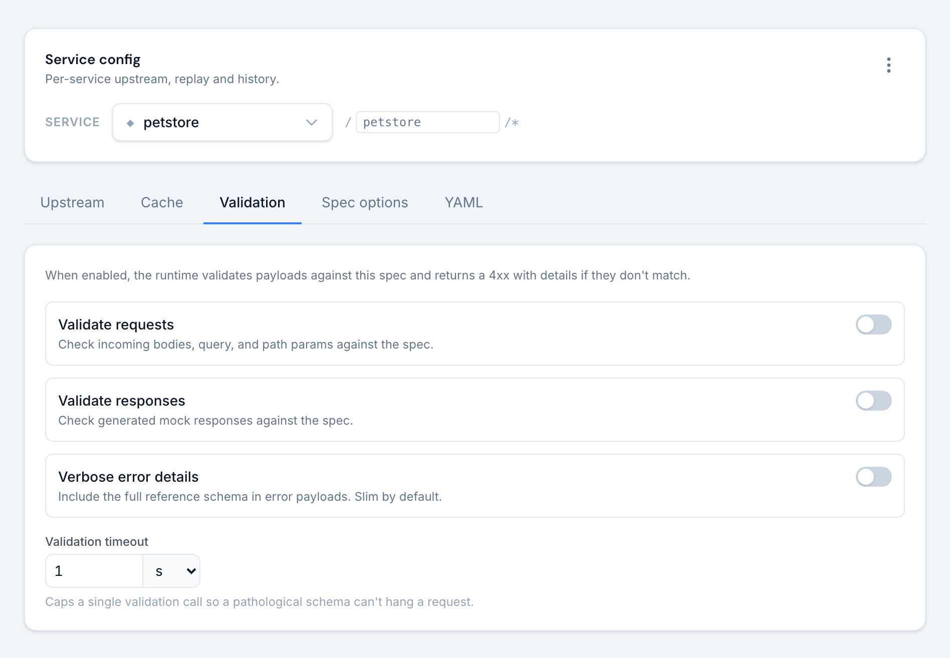 The Validation tab: validate requests, validate responses, verbose error details and the validation timeout