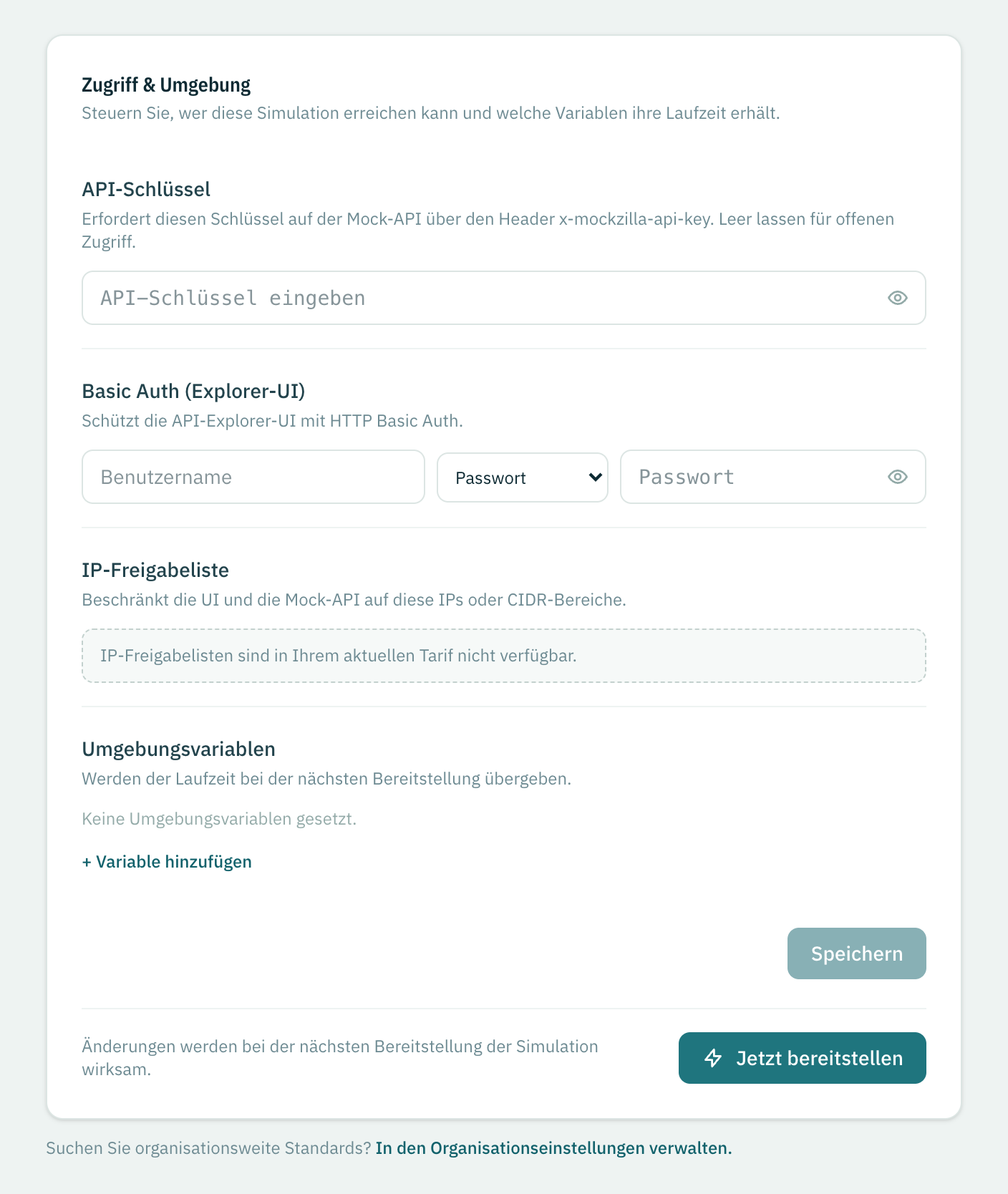 Die Seite Zugriff und Variablen: API-Schlüssel, Basic Auth für die Explorer-UI, die gesperrte IP-Freigabeliste und Umgebungsvariablen